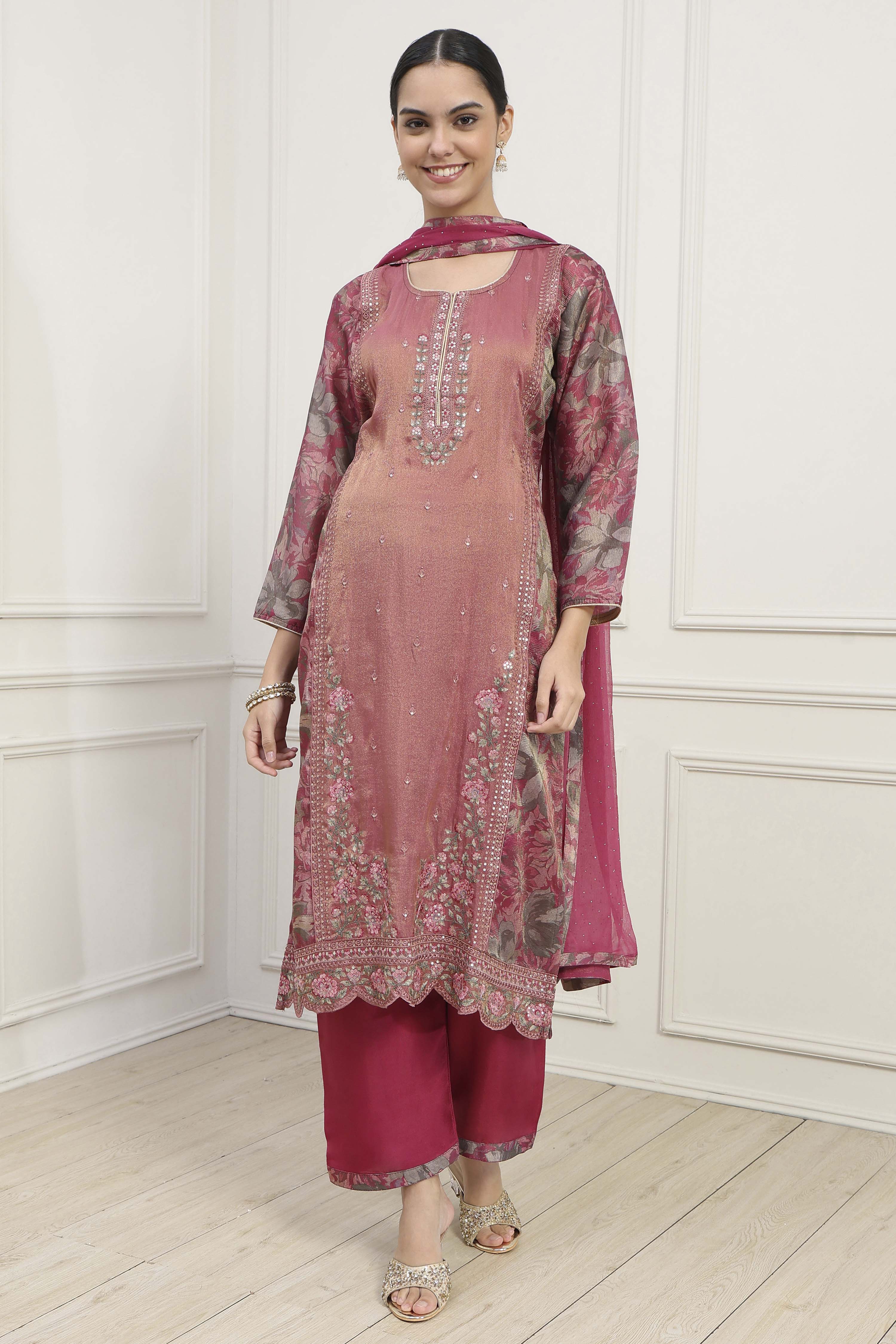 Rust Silk Blend Machine Embroidered Unstitched Suit Set image number 1