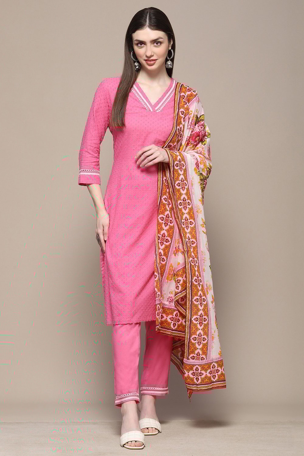 Pink Cotton Straight Kurta & Pants Suit Set image number 7