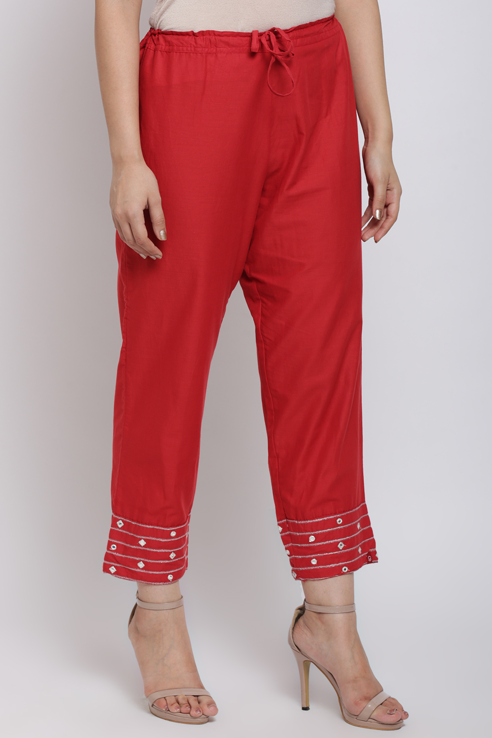 Red Cotton Straight Pants image number 4