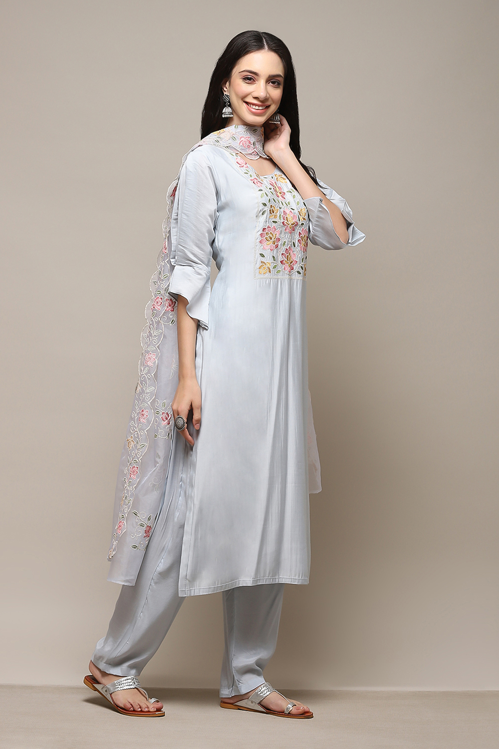 Light Blue Chanderi Blend Printed Unstitched Suit Set image number 7
