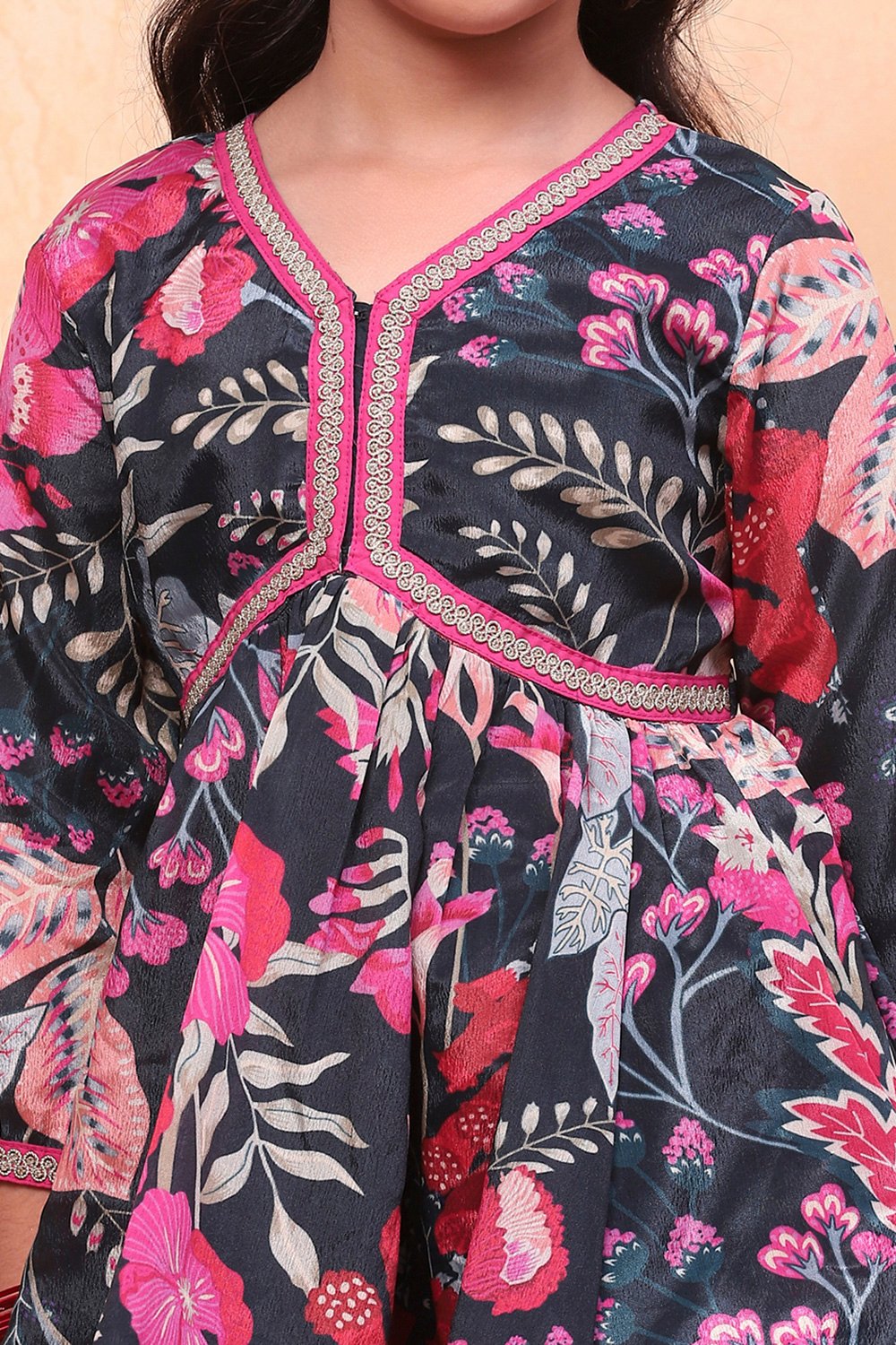 Blue Poly Chinnon Floral Printed Gathered Suit Set image number 1