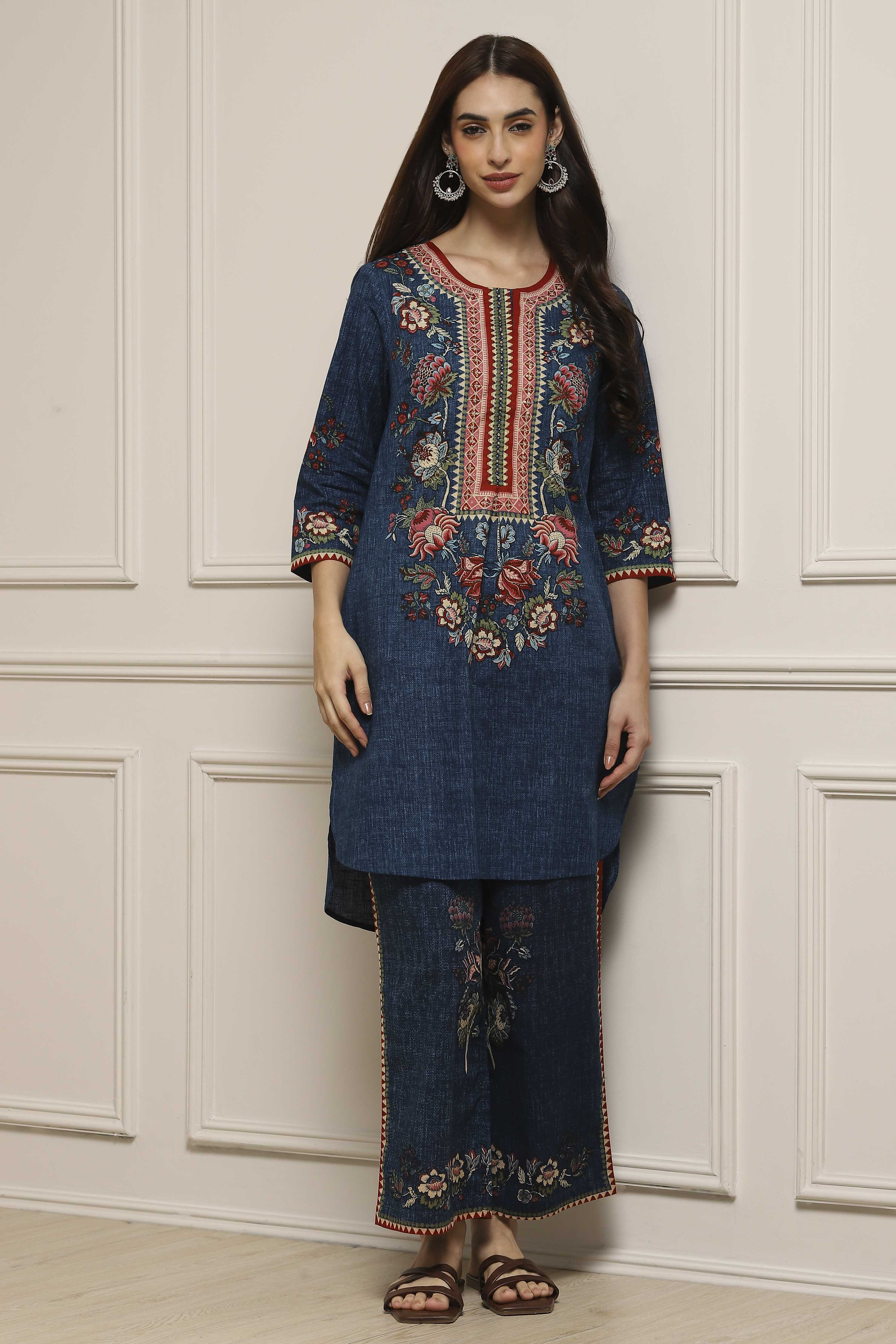 Blue Cotton Straight Printed Kurta Pants Set image number 0