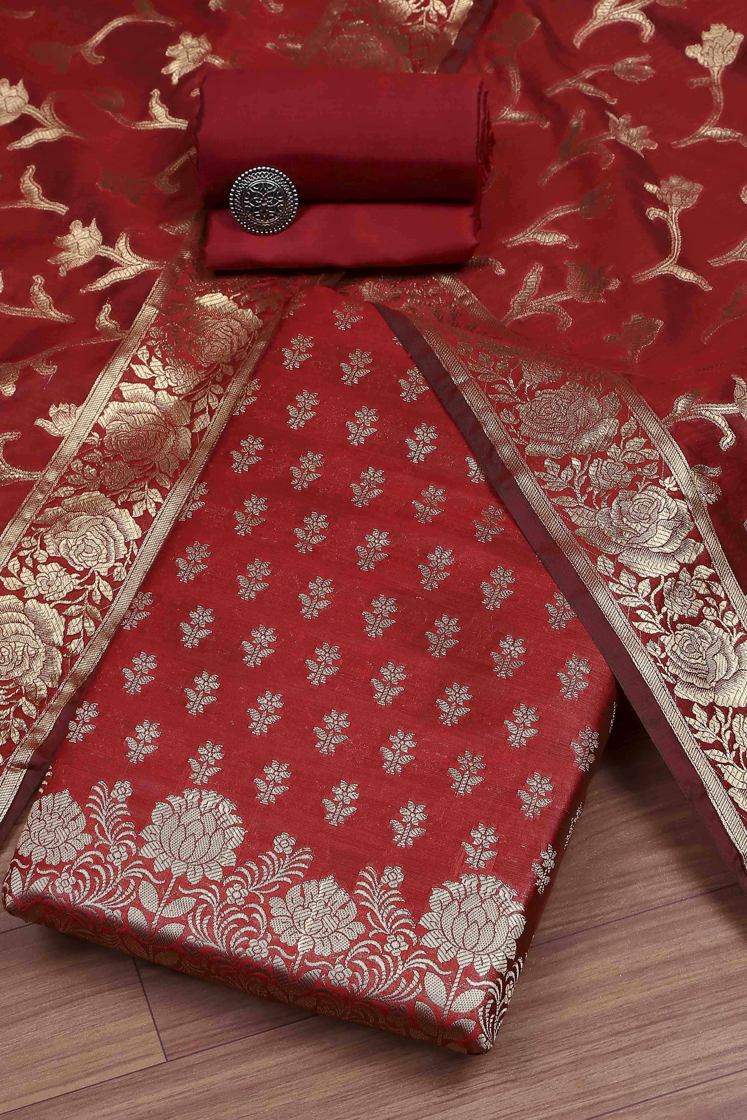 Yellow Banarasi Chanderi Banarasi Print Unstitched Suit Set image number 0