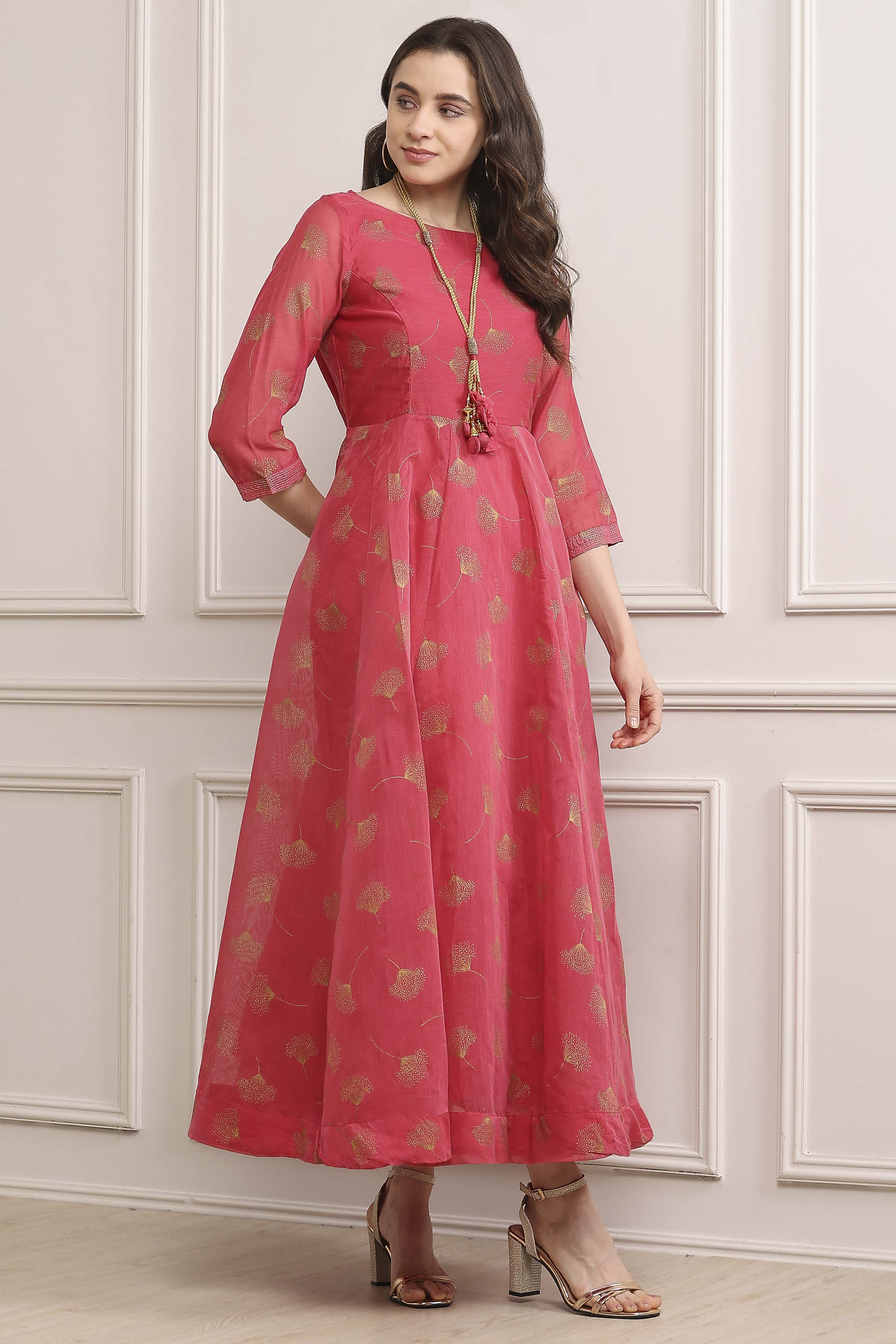 Pink Cotton Blend Flared Printed Dress image number 0
