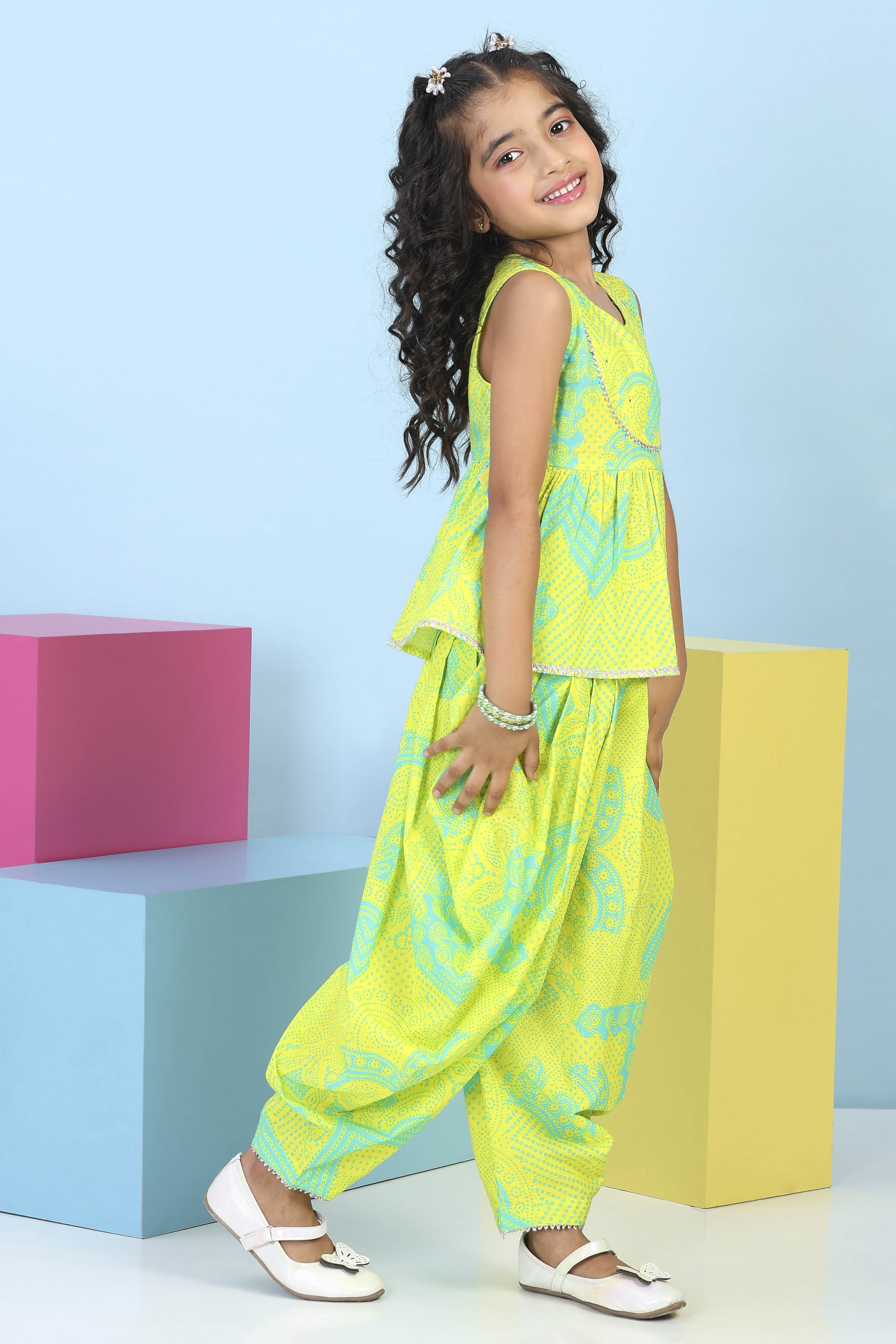 Lime Green Cotton Printed A-line Suit Set image number 4