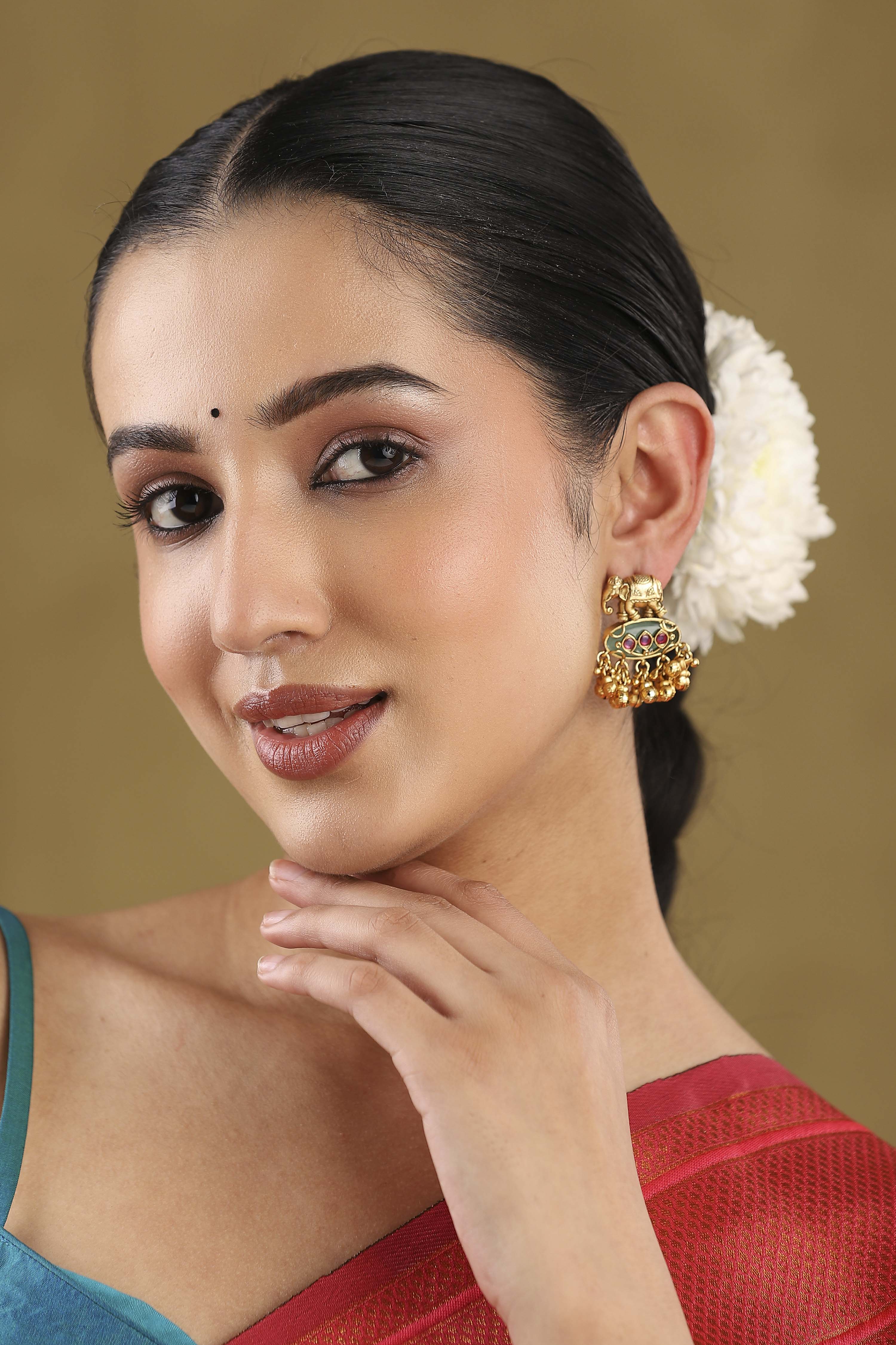 Green Gold Plated Brass Studded Drop Earrings image number 3