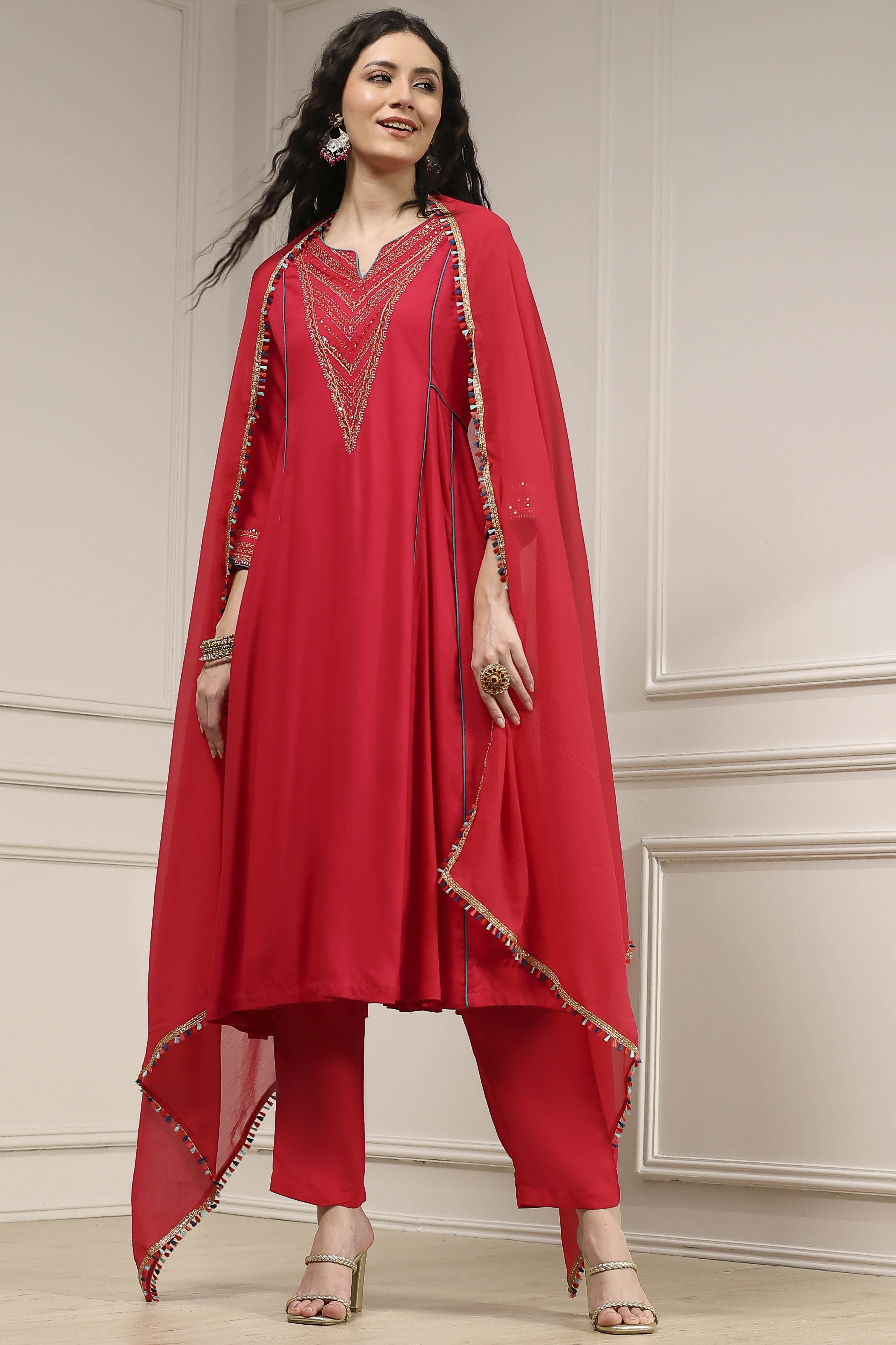 Red Viscose Rayon Straight Solid Suit Set image number 0
