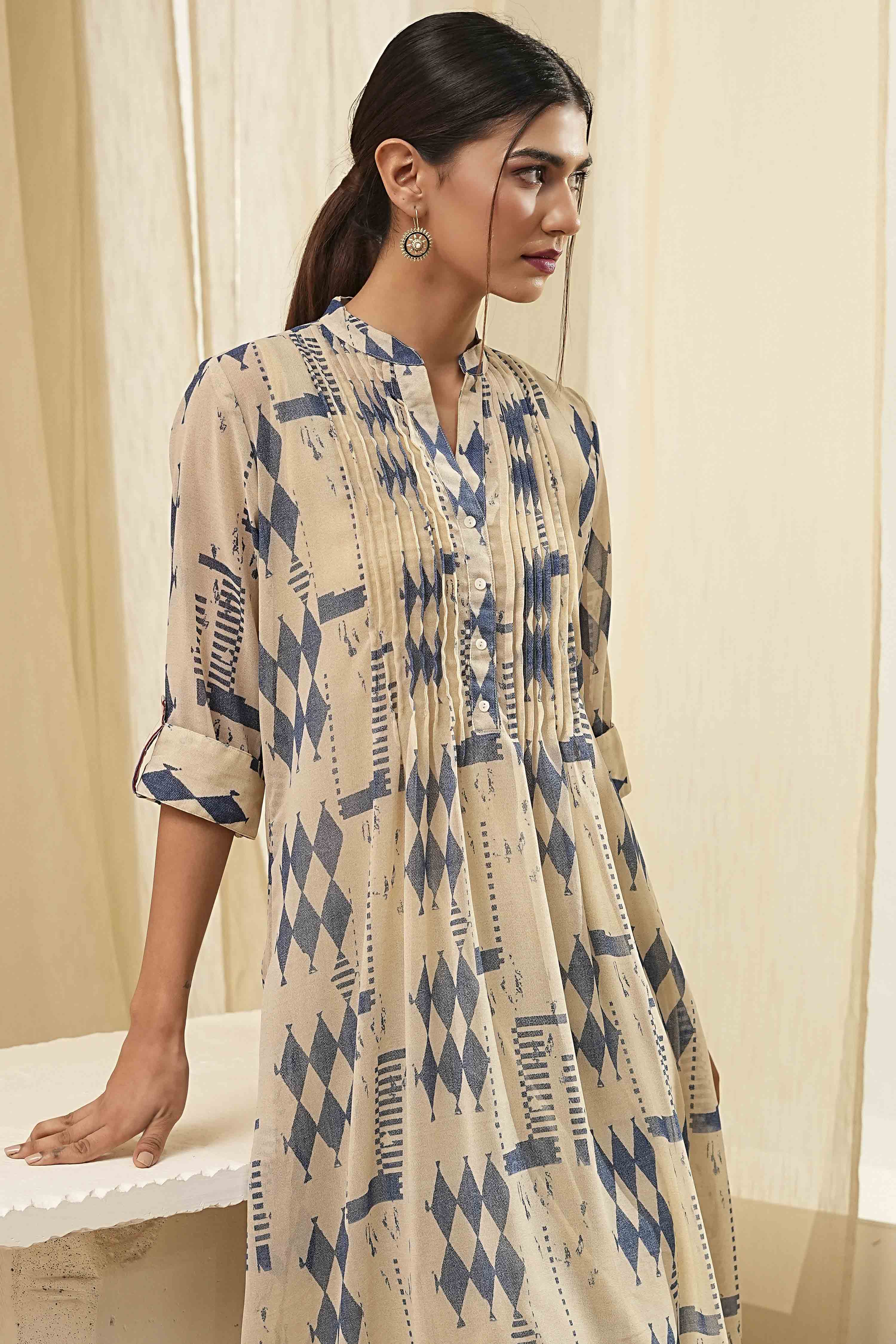Beige Printed A-Line Kurta image number 1