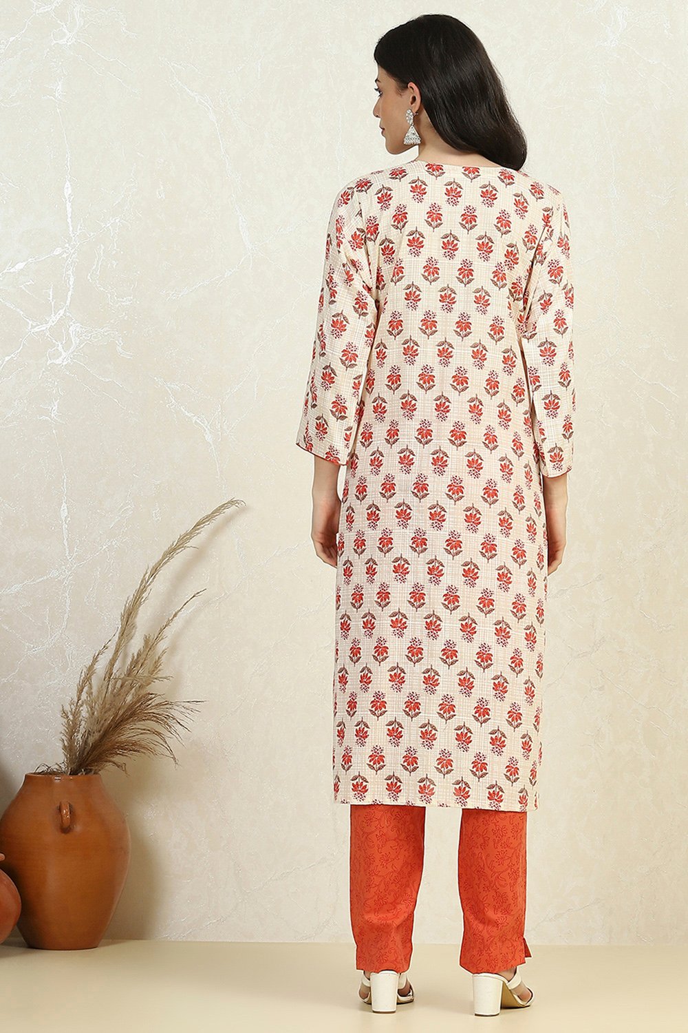 Orange Cotton Printed Embroidered Unstitched Suit Set image number 5
