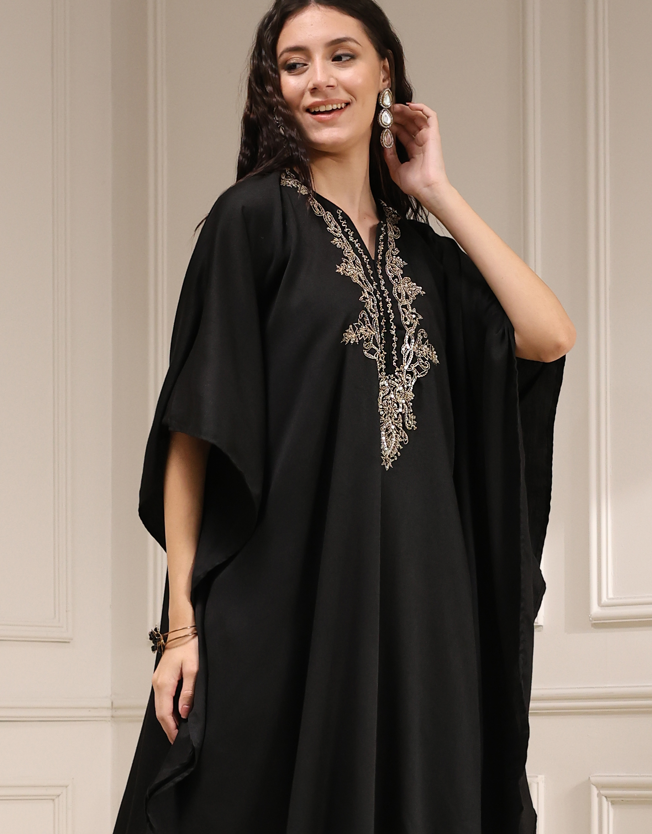 Black Modal Solid Kaftan Fusion Kurta Set image number 5