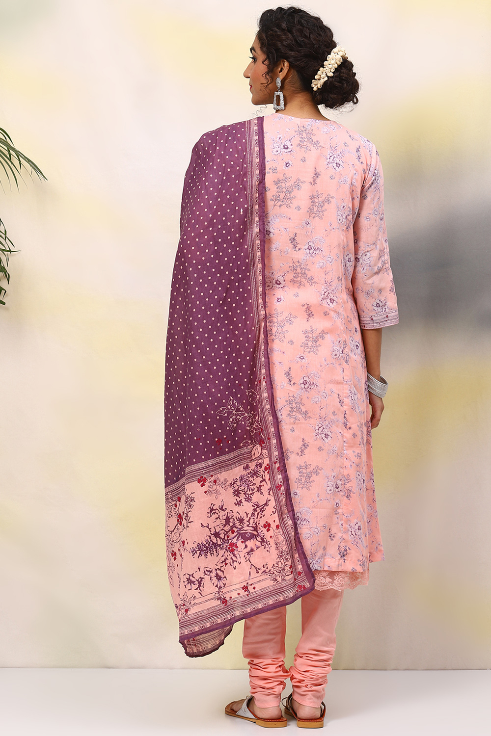 Pink Cotton A-Line Kurta Churidar Suit Set image number 4