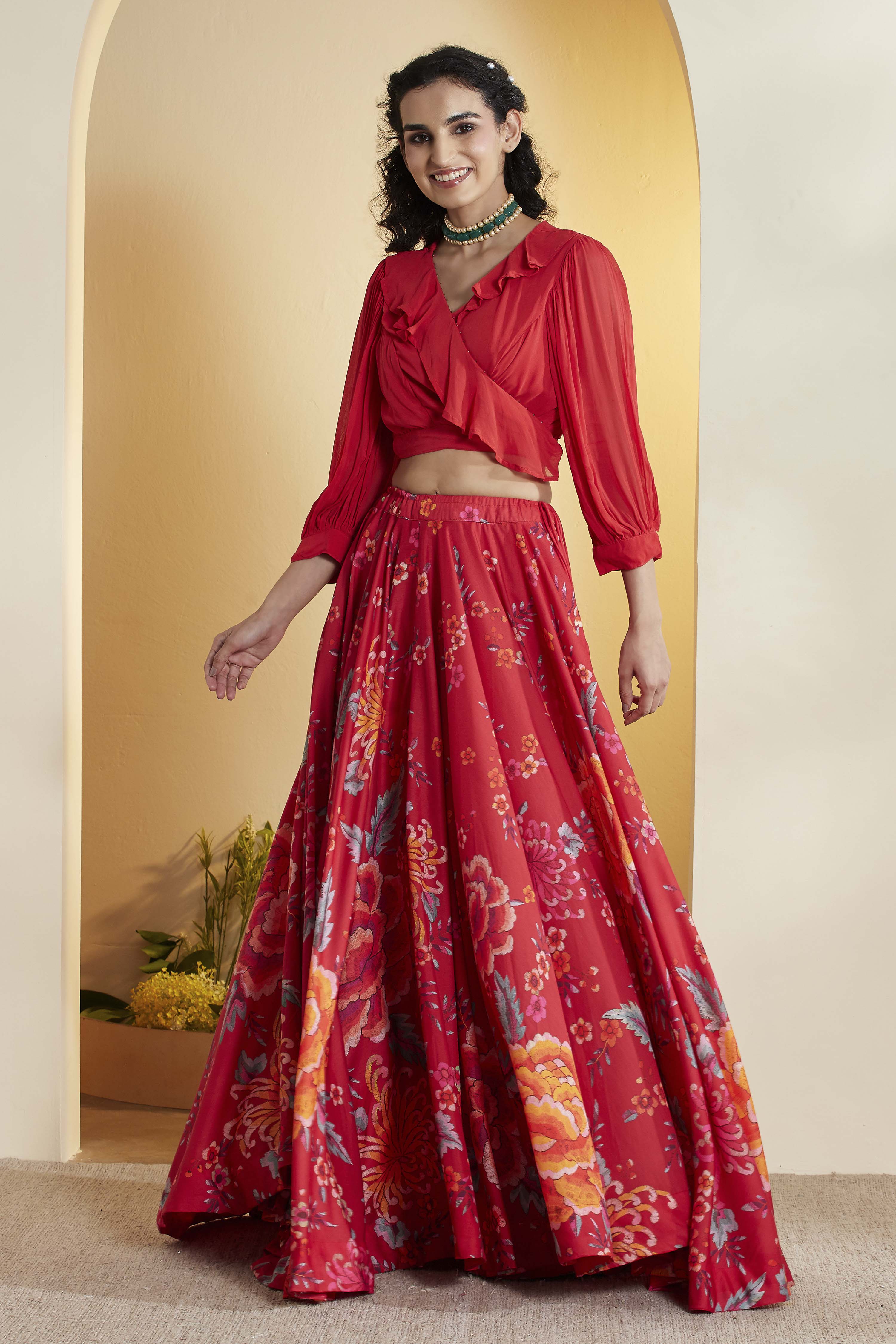 Red Viscose Rayon Front Open Lehenga Set image number 4