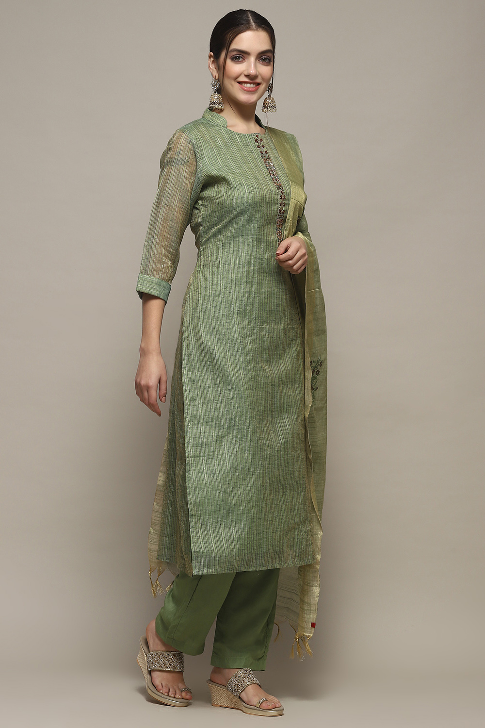Earthy Yellow Chanderi Unstitched Suit set image number 6
