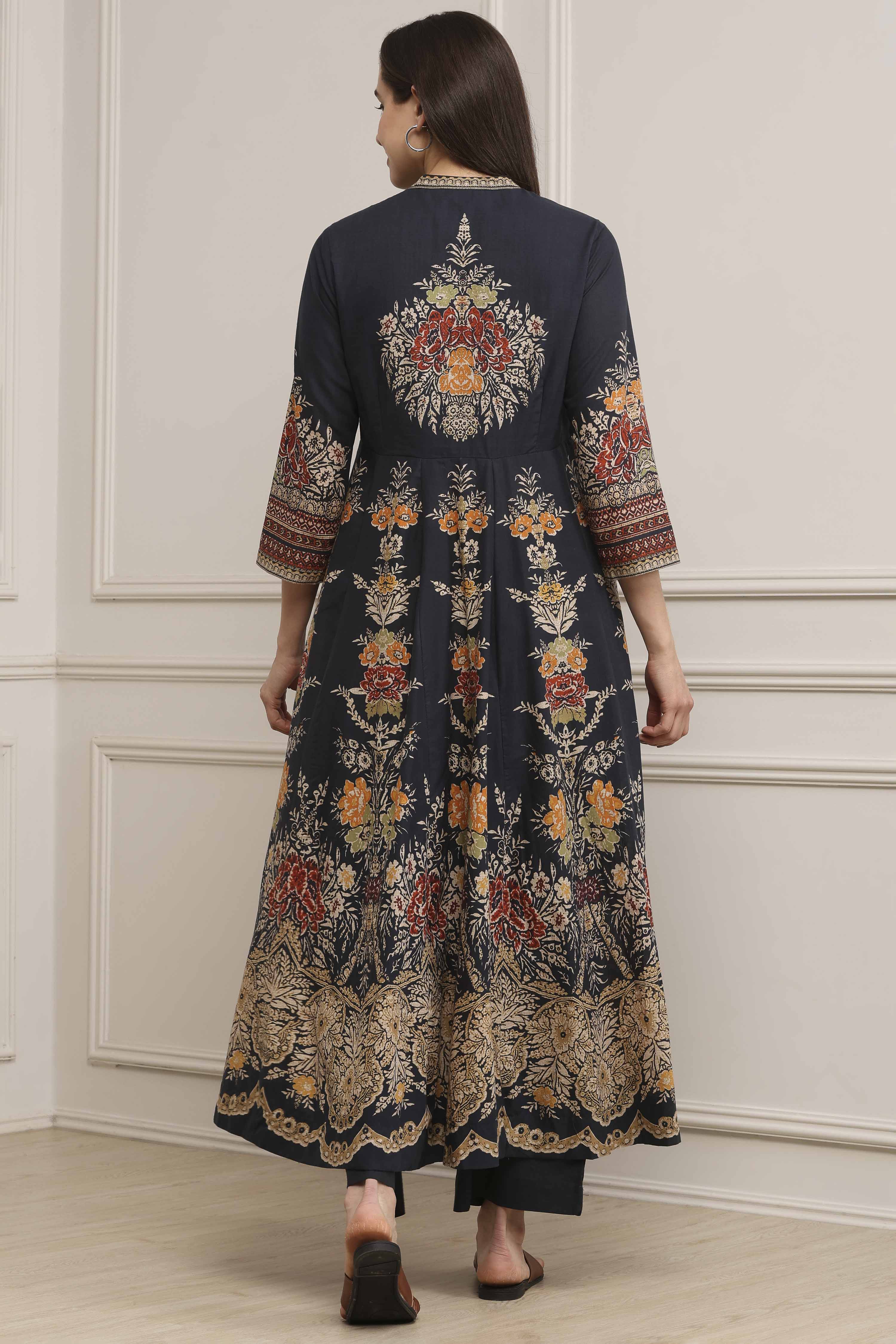 Charcoal Cotton Kalidar Printed Kurta Pants Set image number 4