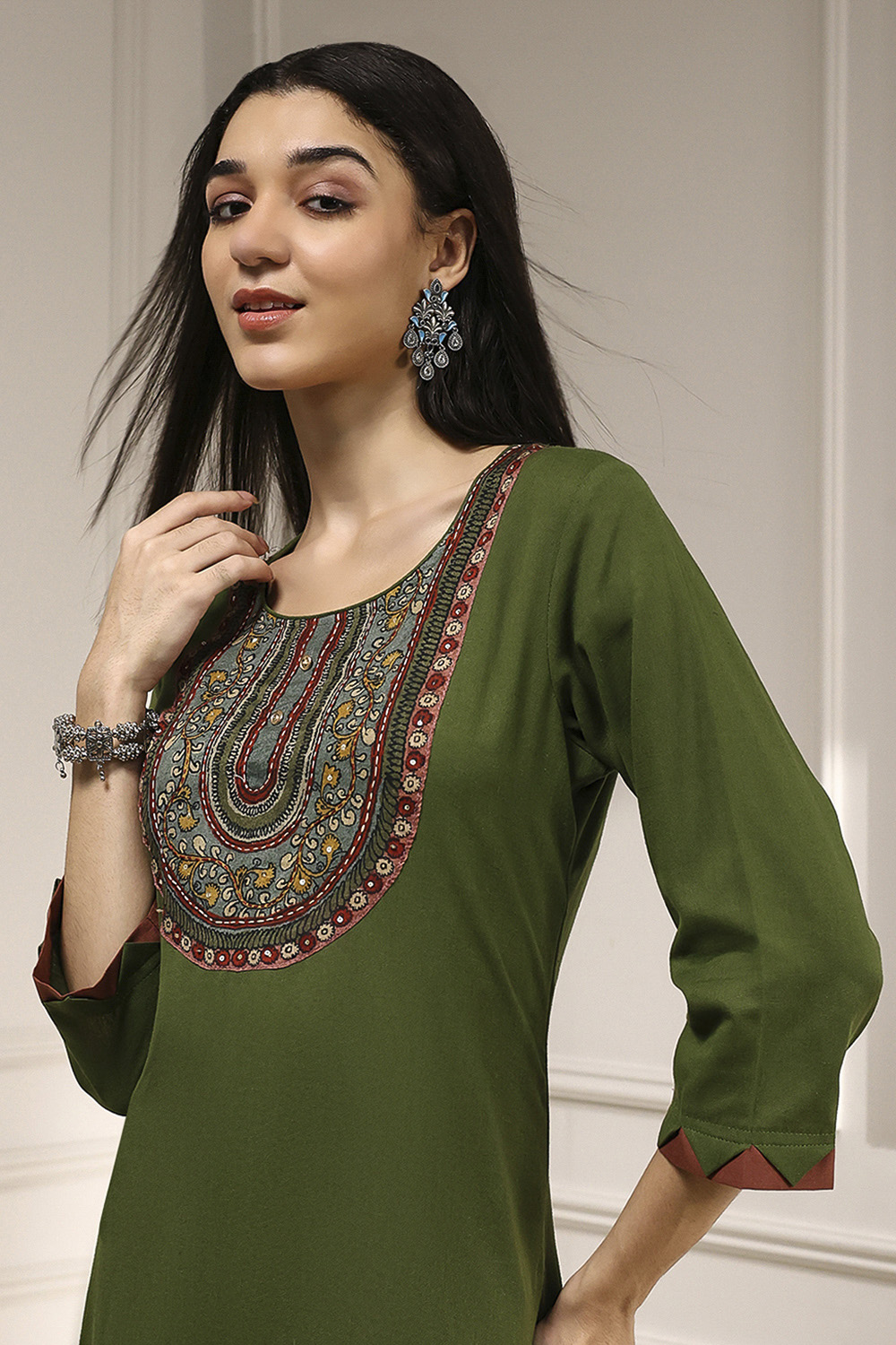 Green Cotton Hand Block Print Unstitched Suit Set image number 2