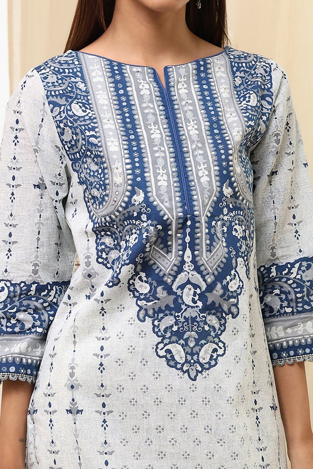 Blue Cotton Straight Printed Kurta image number 1