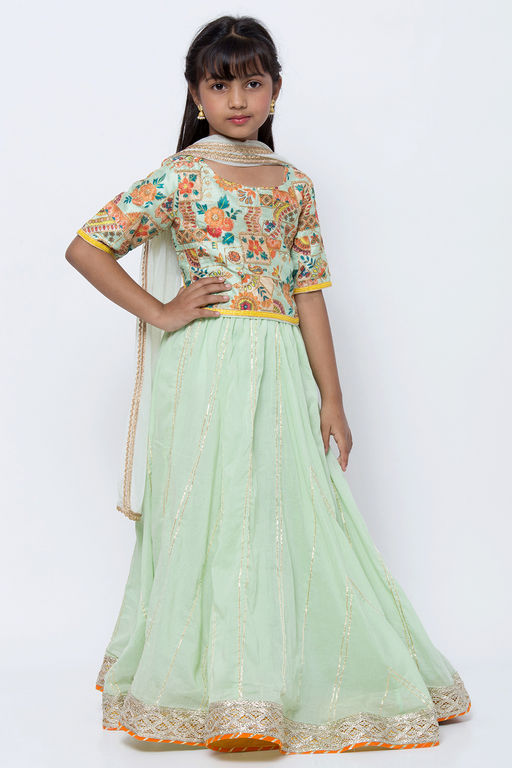 Mint Green Girls Lehenga Set image number 3