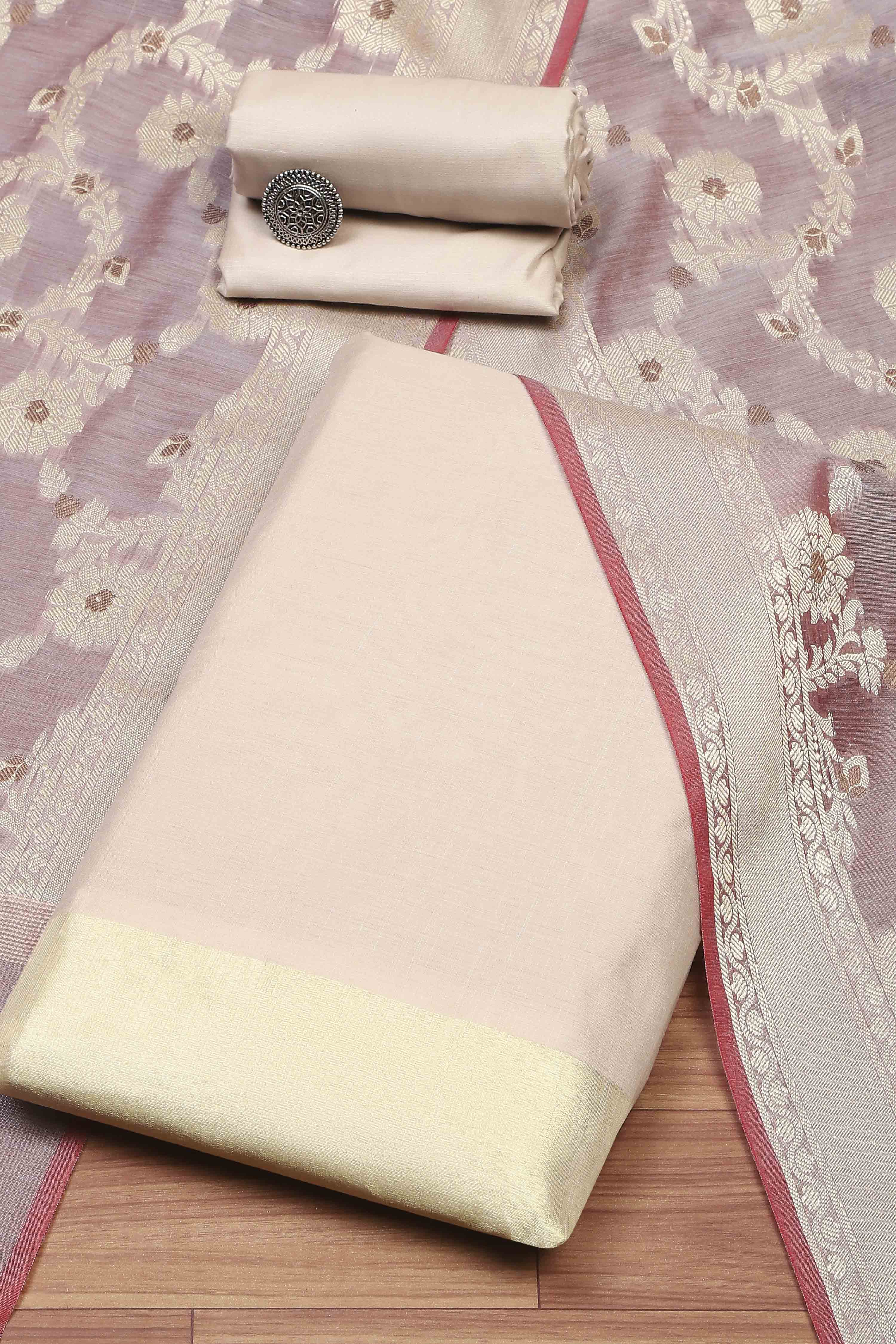 Red Chanderi  Unstitched Suit Set image number 0