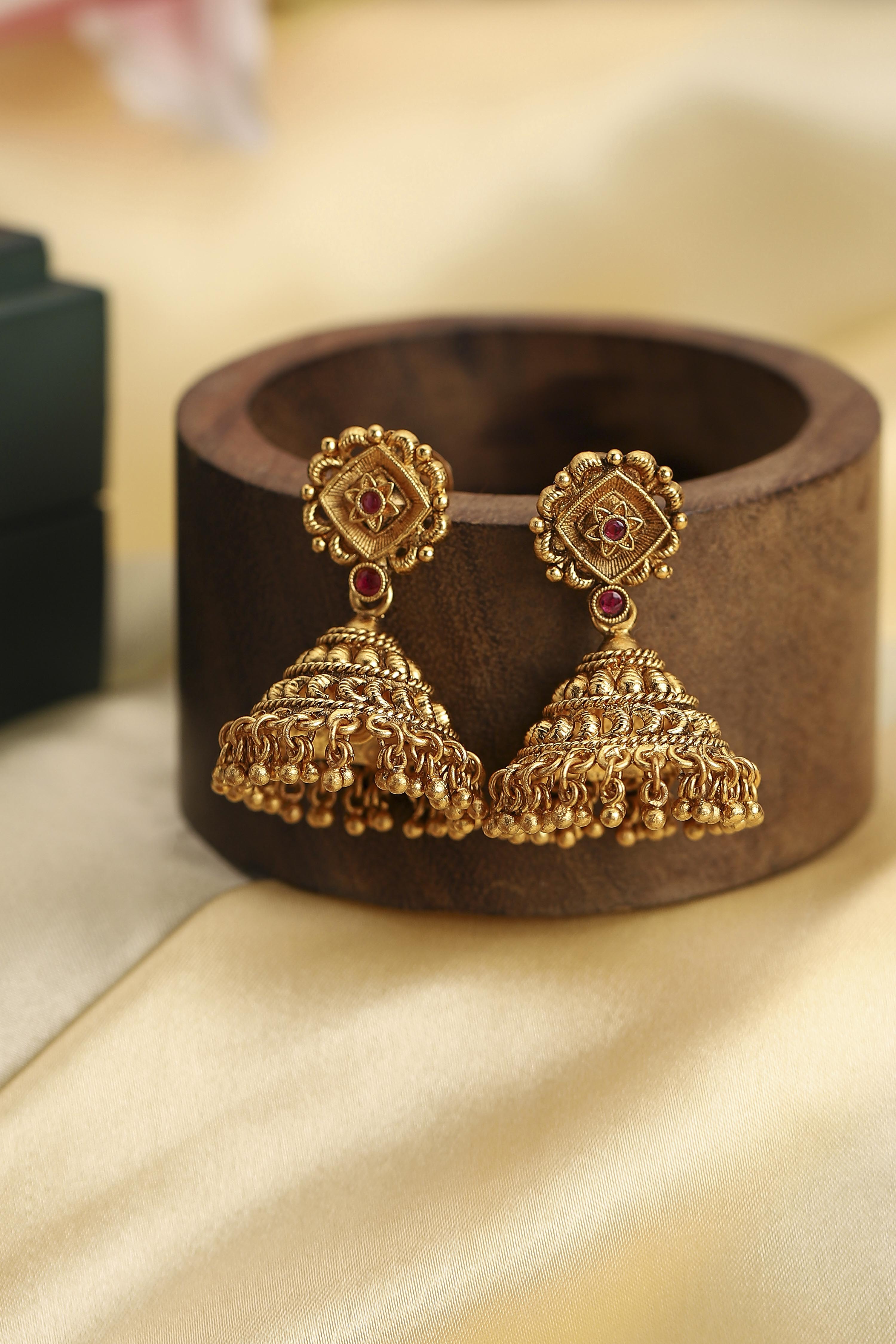 Red Gold Plated Minimal Stone Studded Jhumkas image number 4