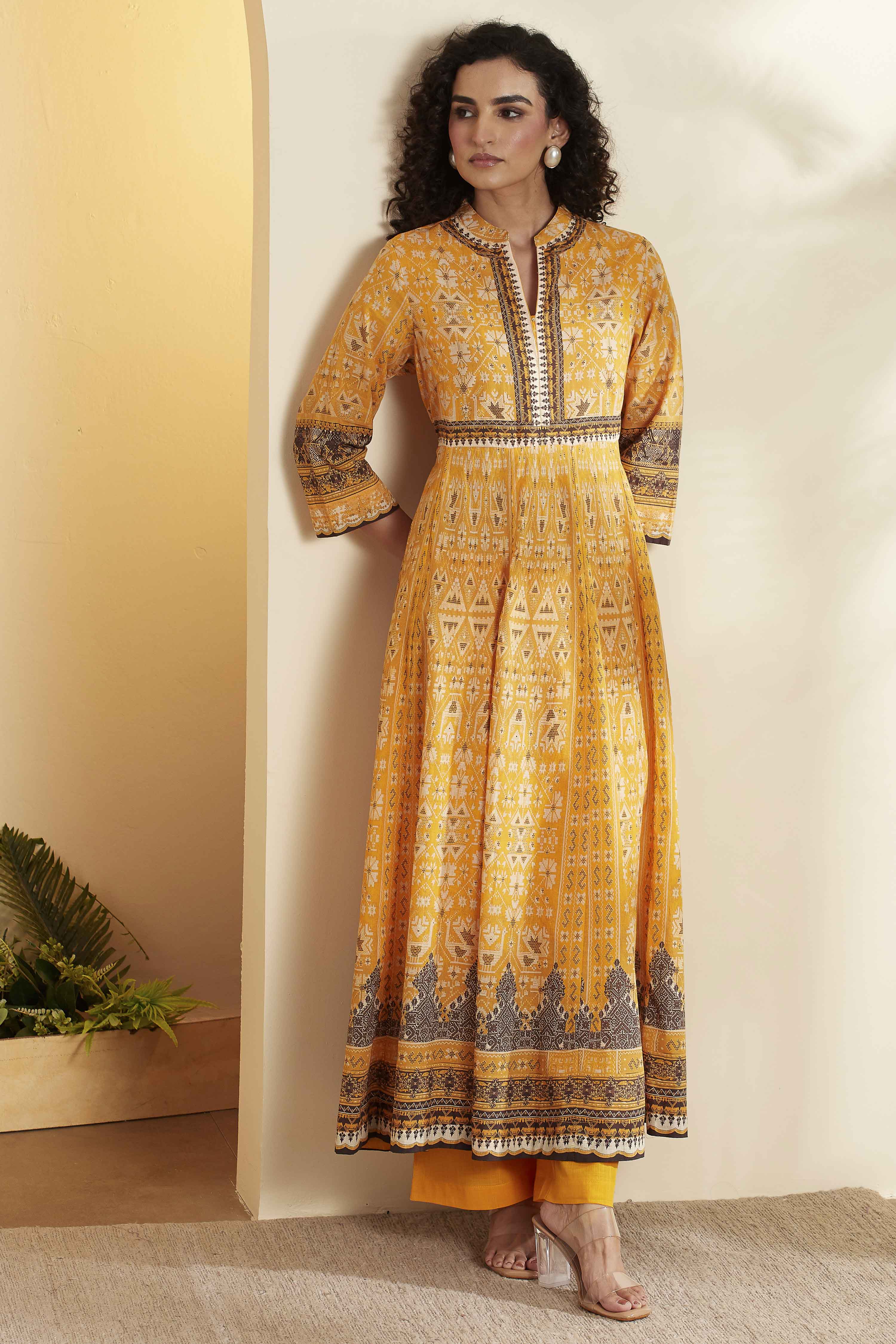 Yellow Cotton Anarkali Kurta Pants Set image number 0