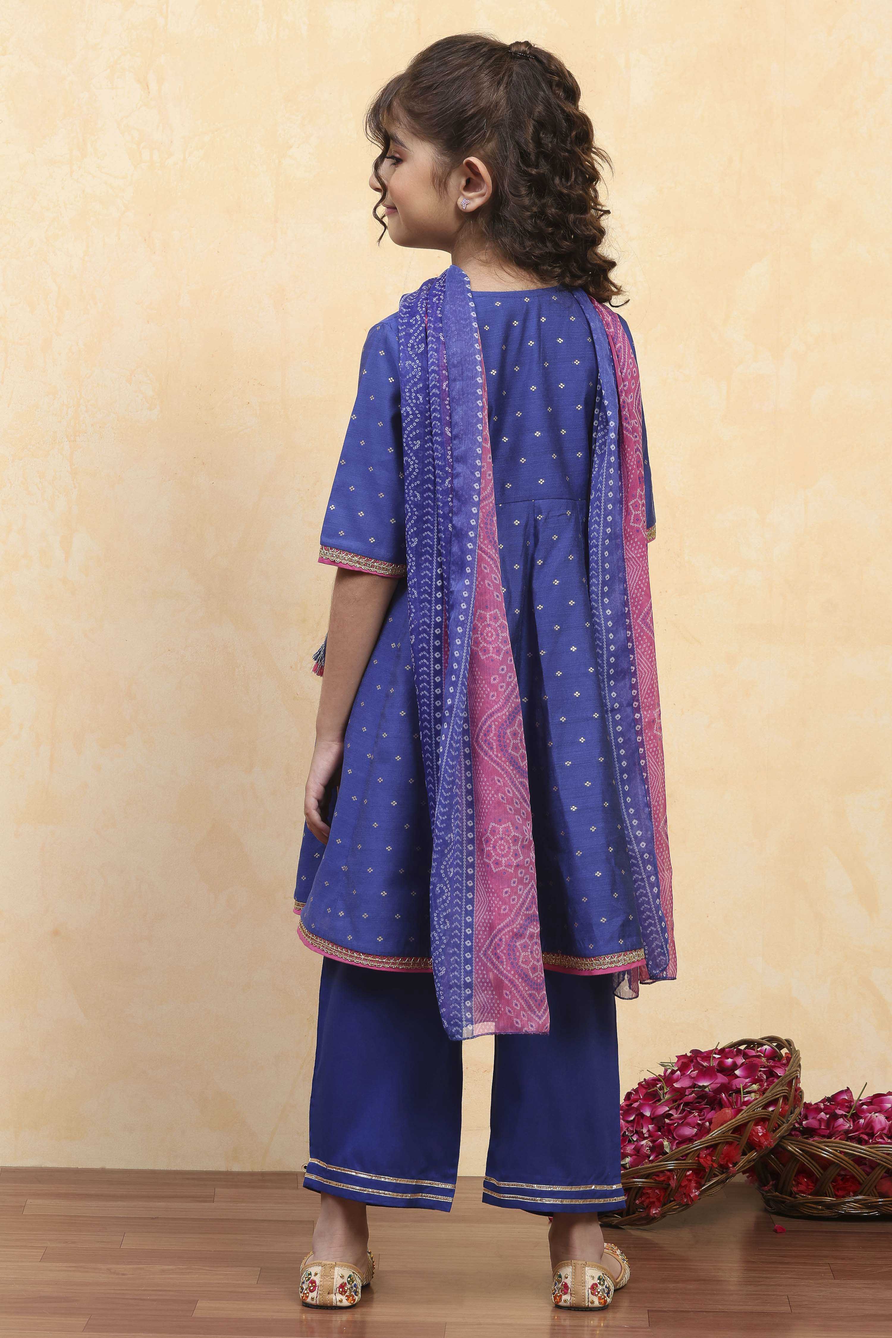 Blue Viscose Blend Solid Kalidar Suit Set image number 4