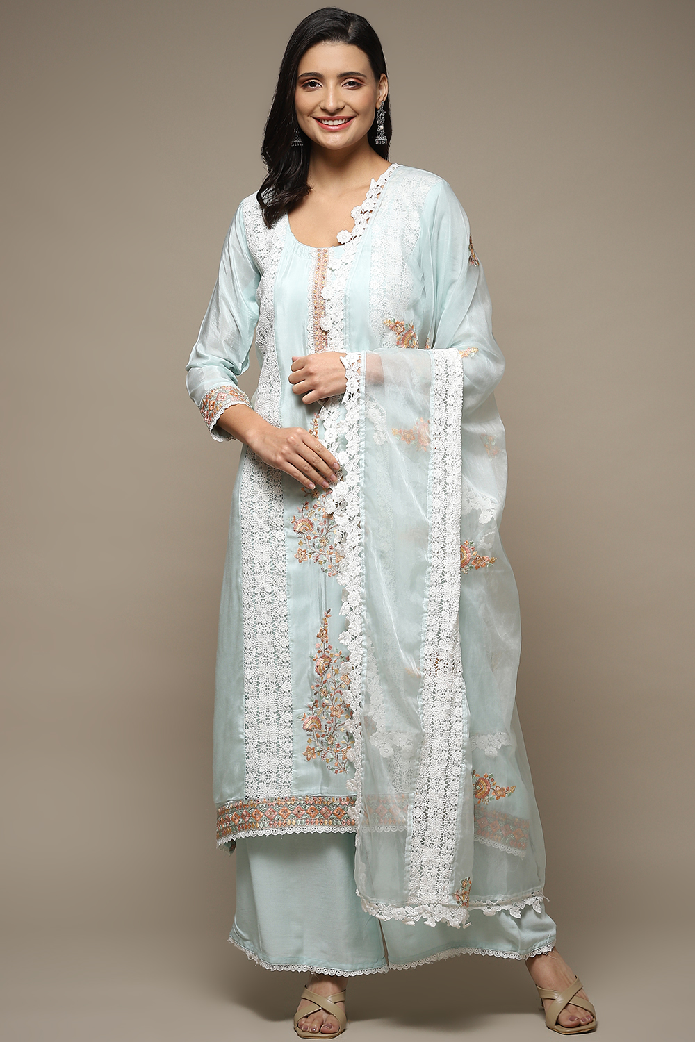 Light Blue Muslin Lace Unstitched Suit Set image number 8