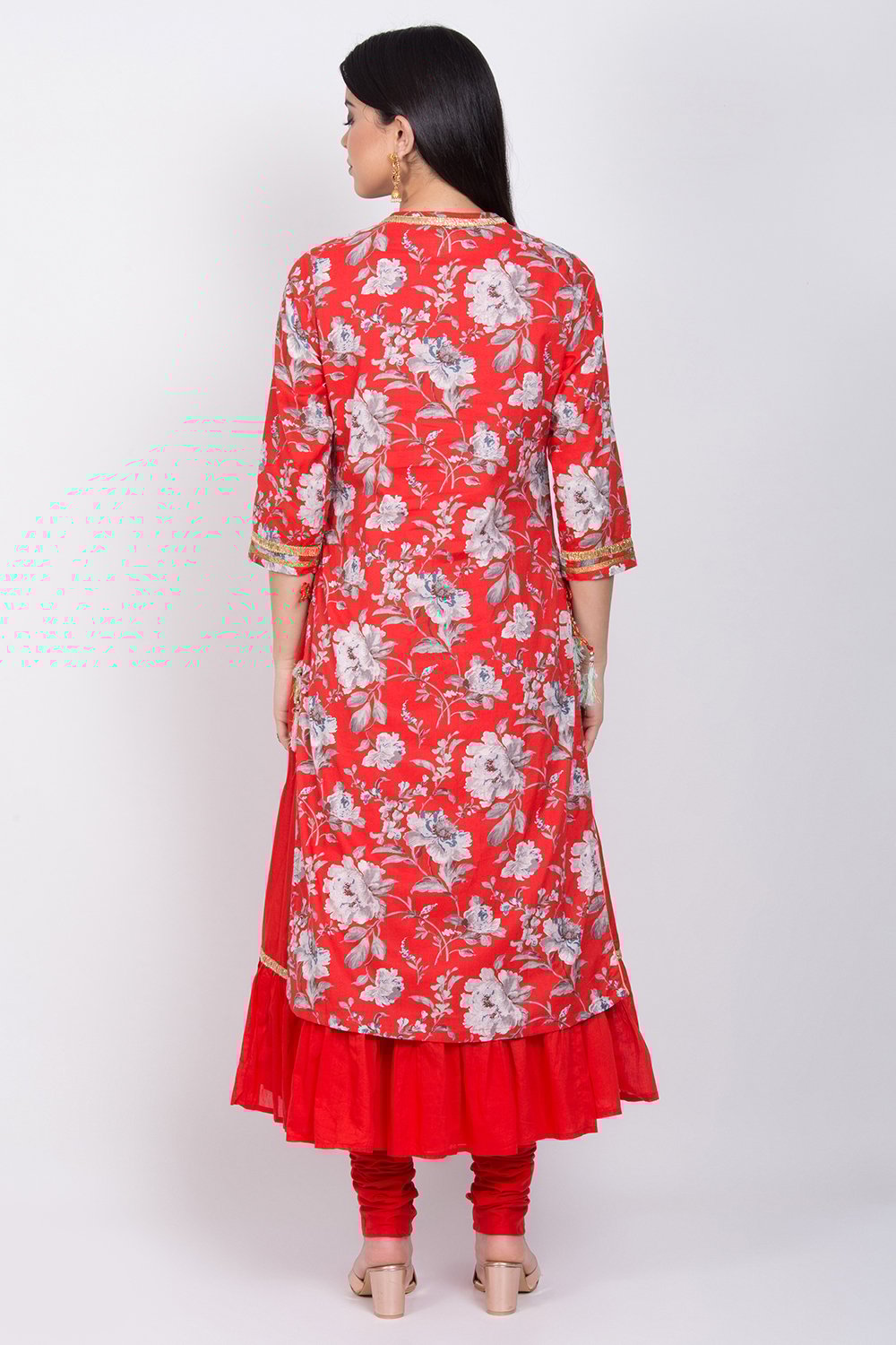 Coral Cotton Double Layered Kurta Churidar Suit Set image number 6