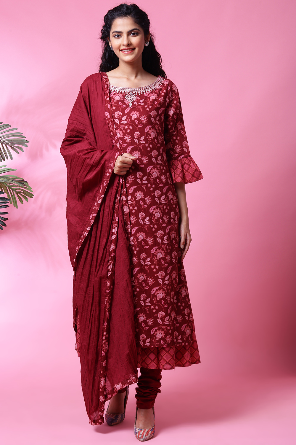 Maroon Cotton Double Layered Kurta Churidar Suit Set image number 4