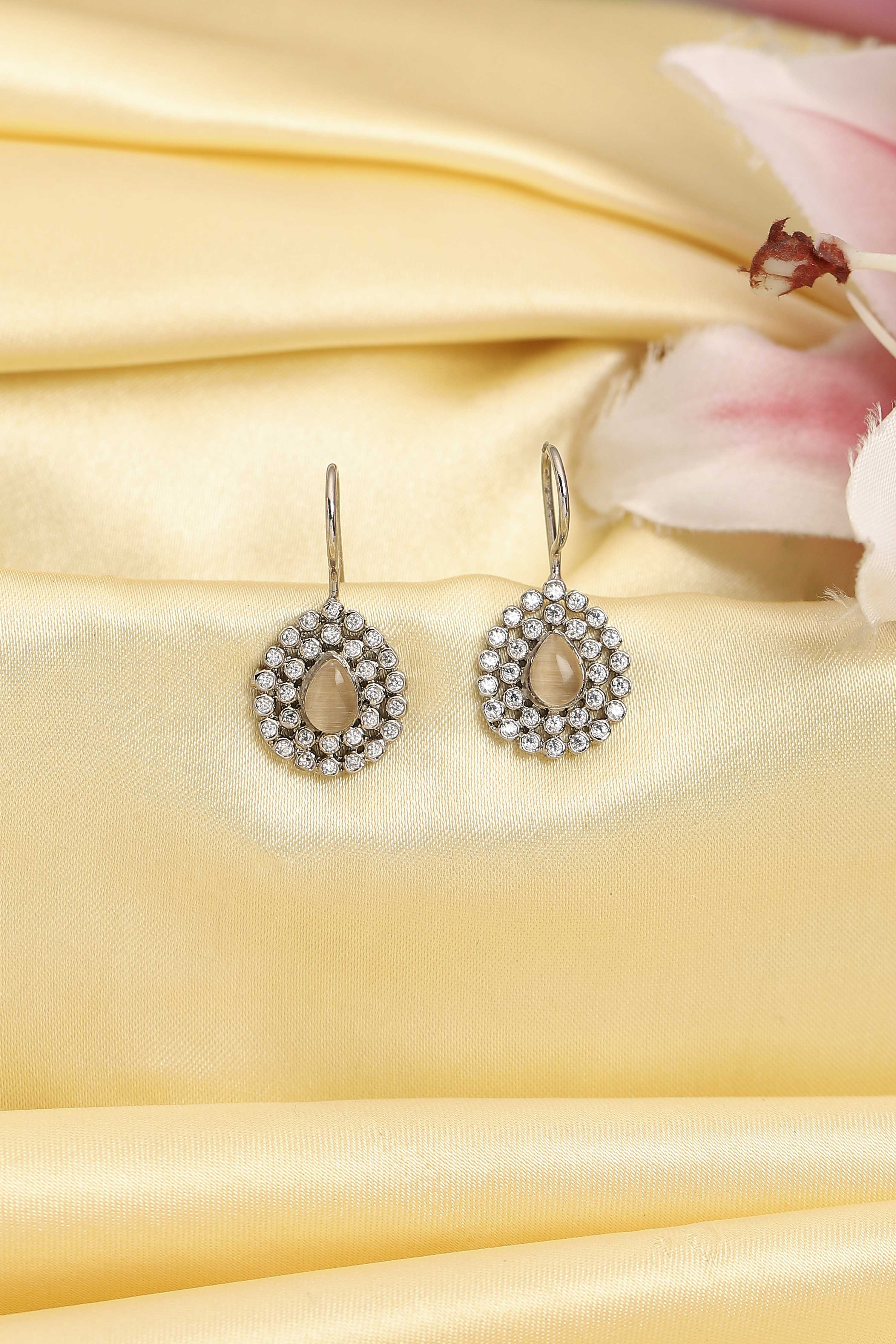 Beige Silver Plated Brass Studded Drop Earrings image number 0