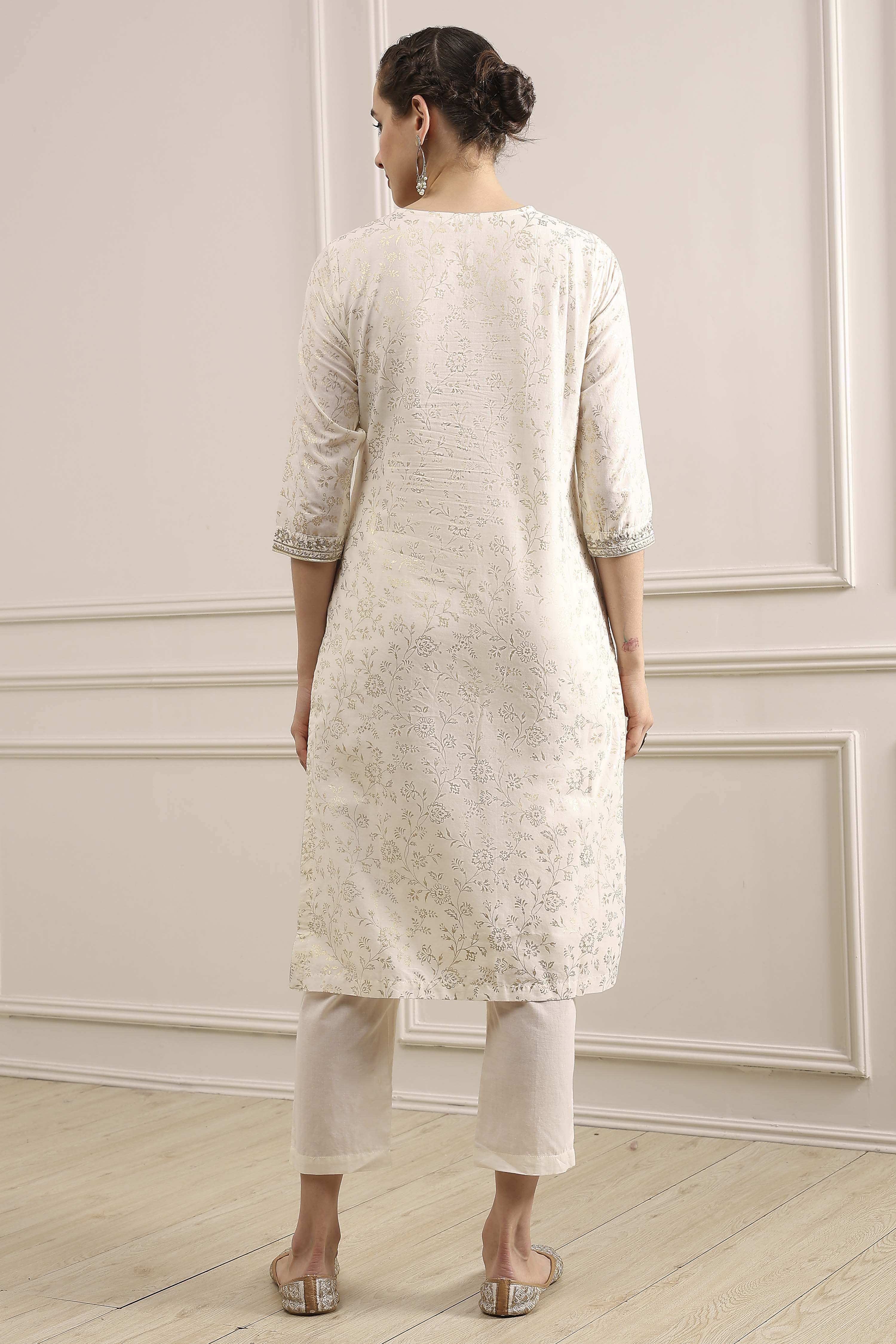 Off-White Cotton Printed Straight Suit Set image number 4