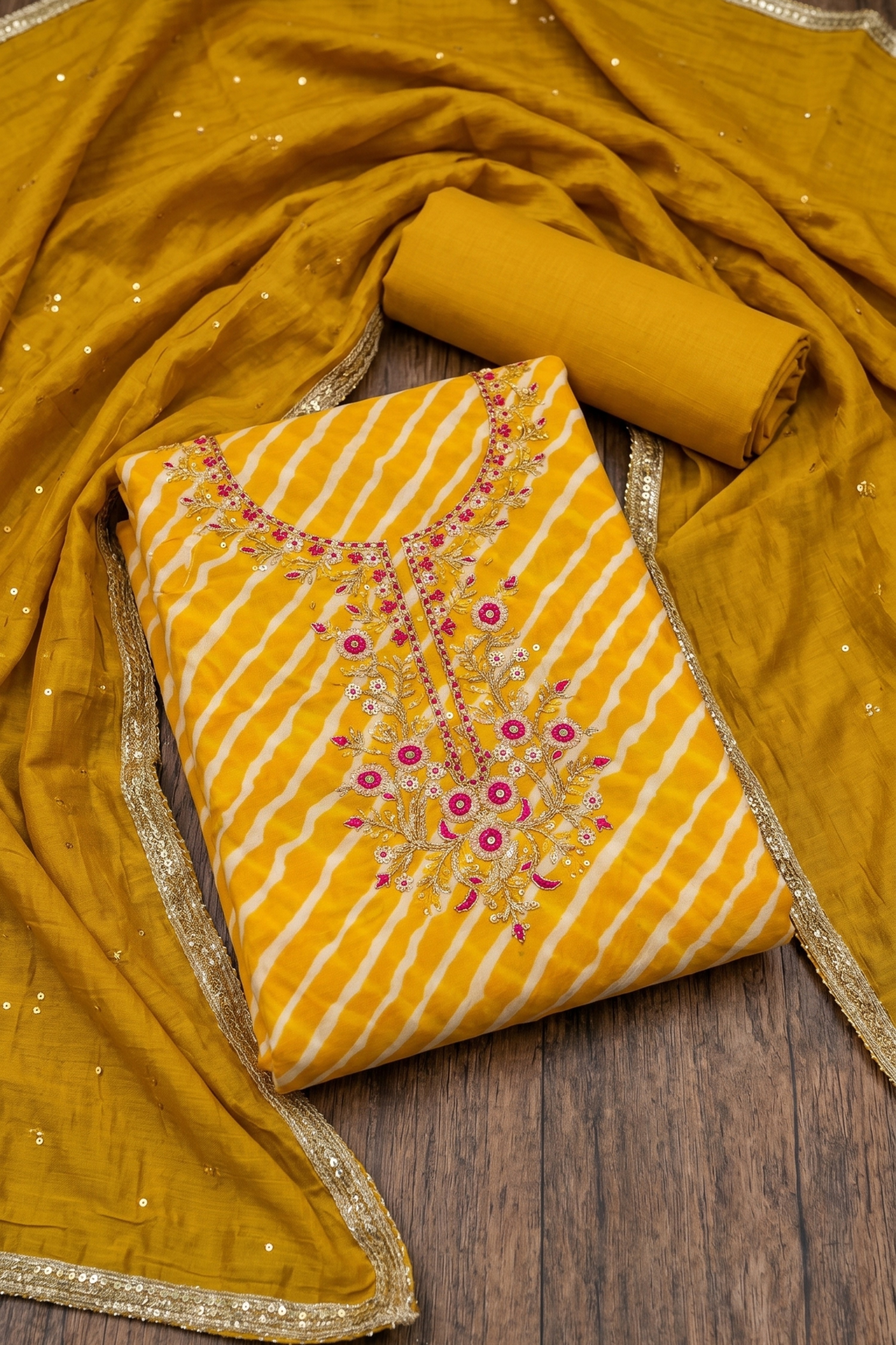 Pink Chanderi Embroidery With Rajasthani Lehriya Print Unstitched Suit Set image number 1