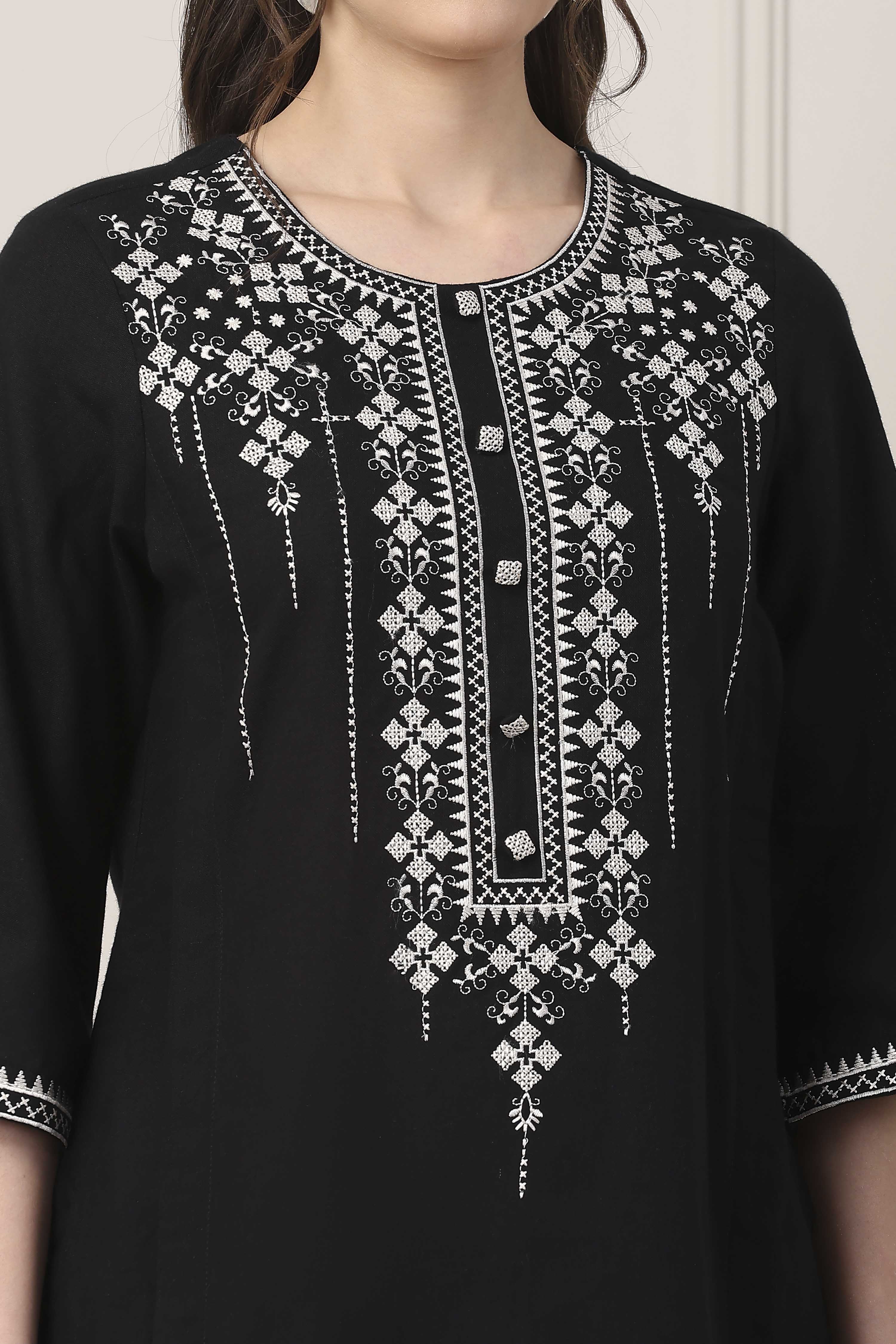 Beige Cotton Embroidered Straight Suit Set image number 1