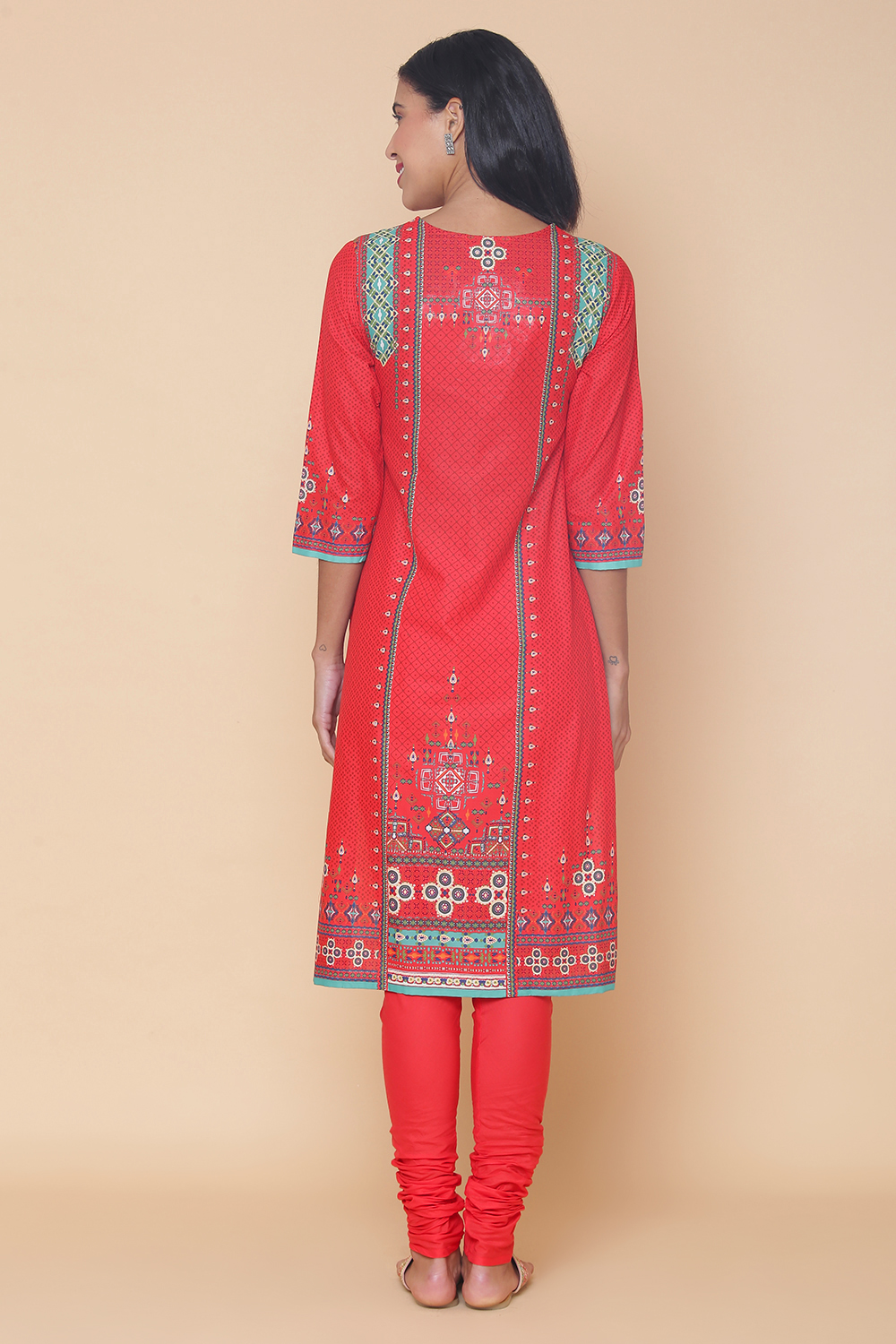 Red Cotton Straight Kurta Churidar Suit Set image number 7