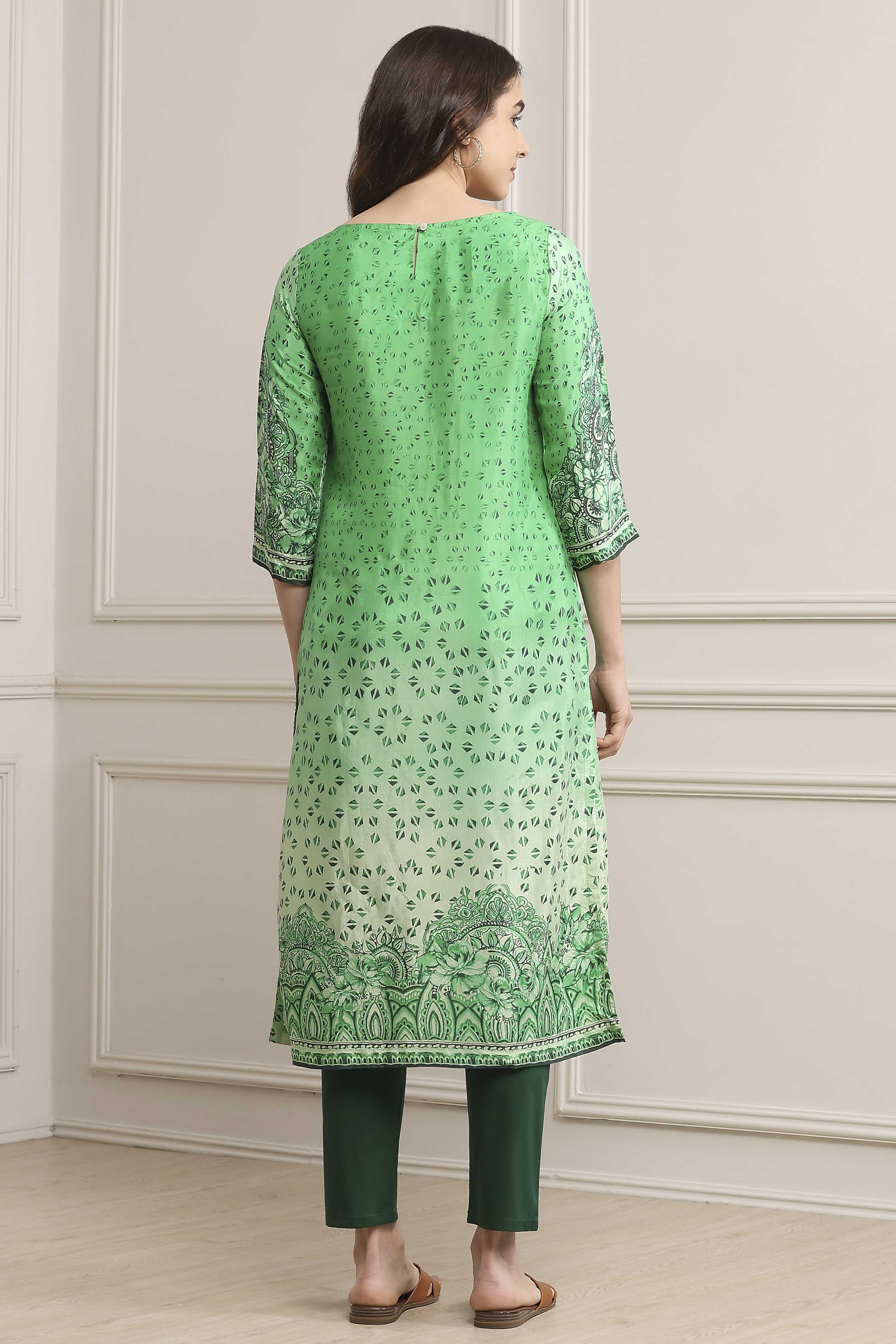 Green LIVA Straight Printed Kurta image number 3