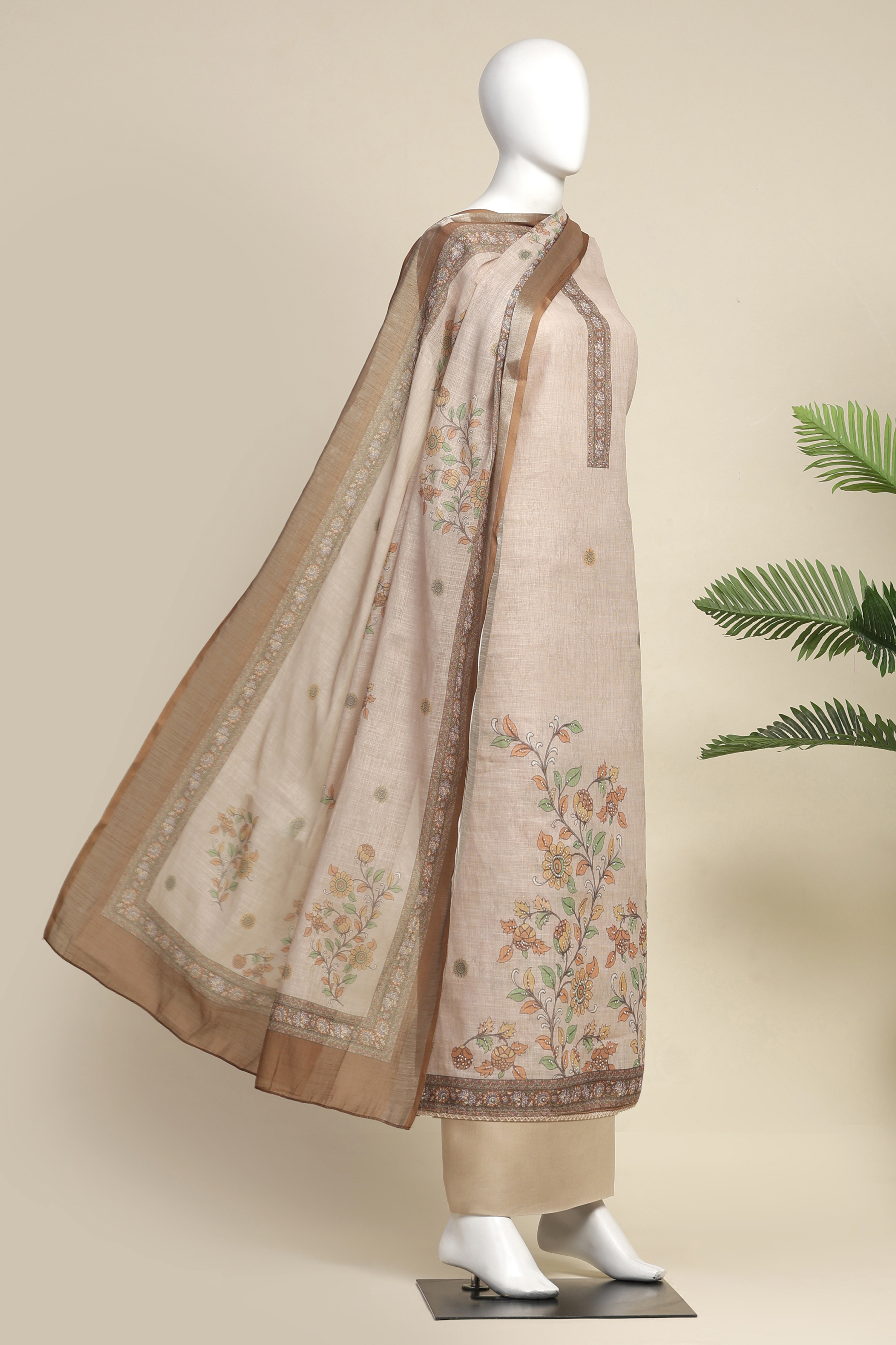 Peach Chanderi  Neck Patti Unstitched Suit Set image number 4
