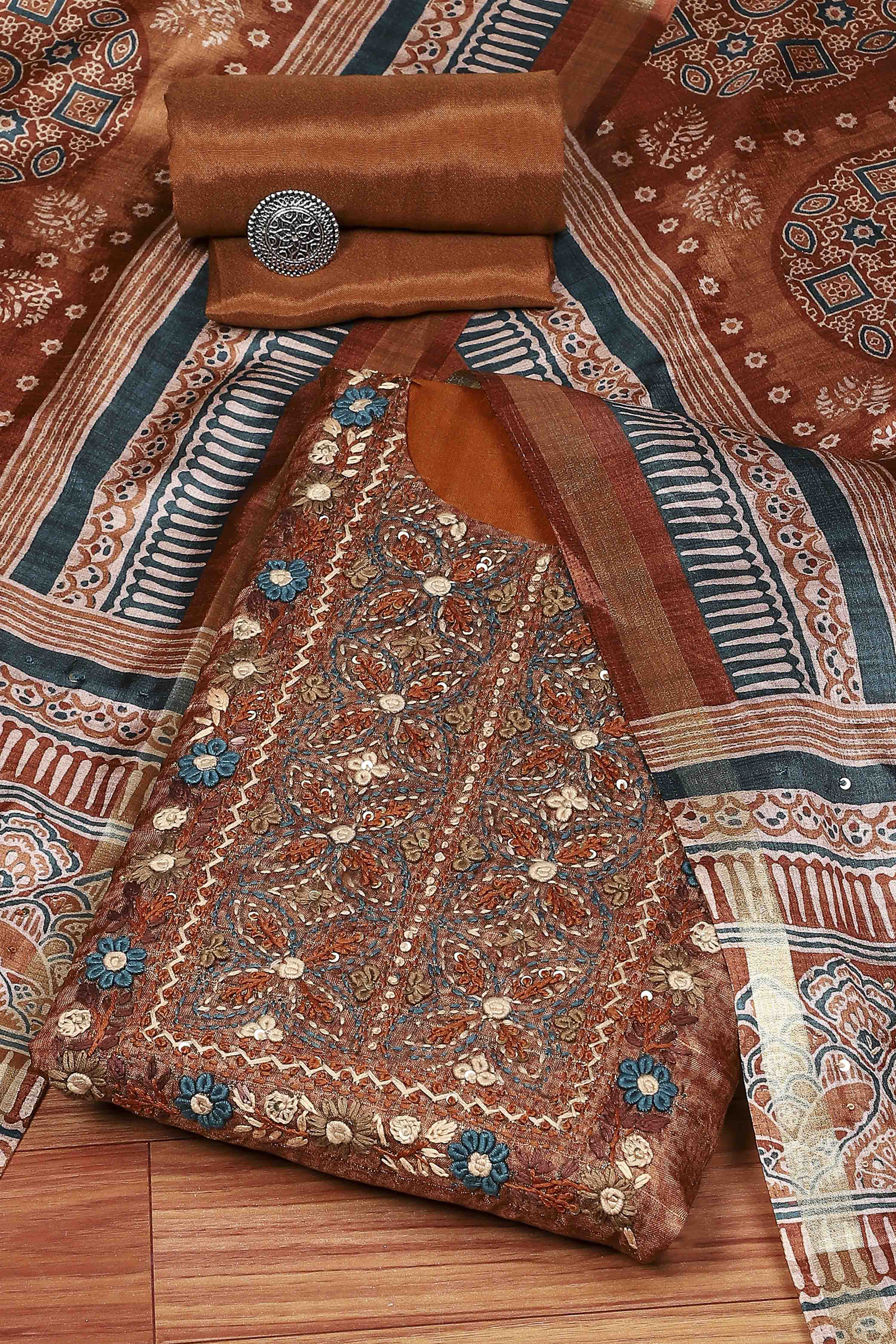 Mustard Silk Tussar Hand Embroidered Unstitched Suit Set image number 0