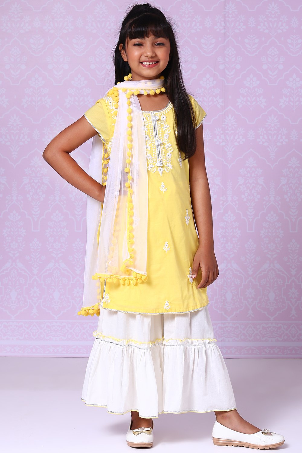 Yellow And White Cotton Sharara Kurta Sharara Suit Set image number 3