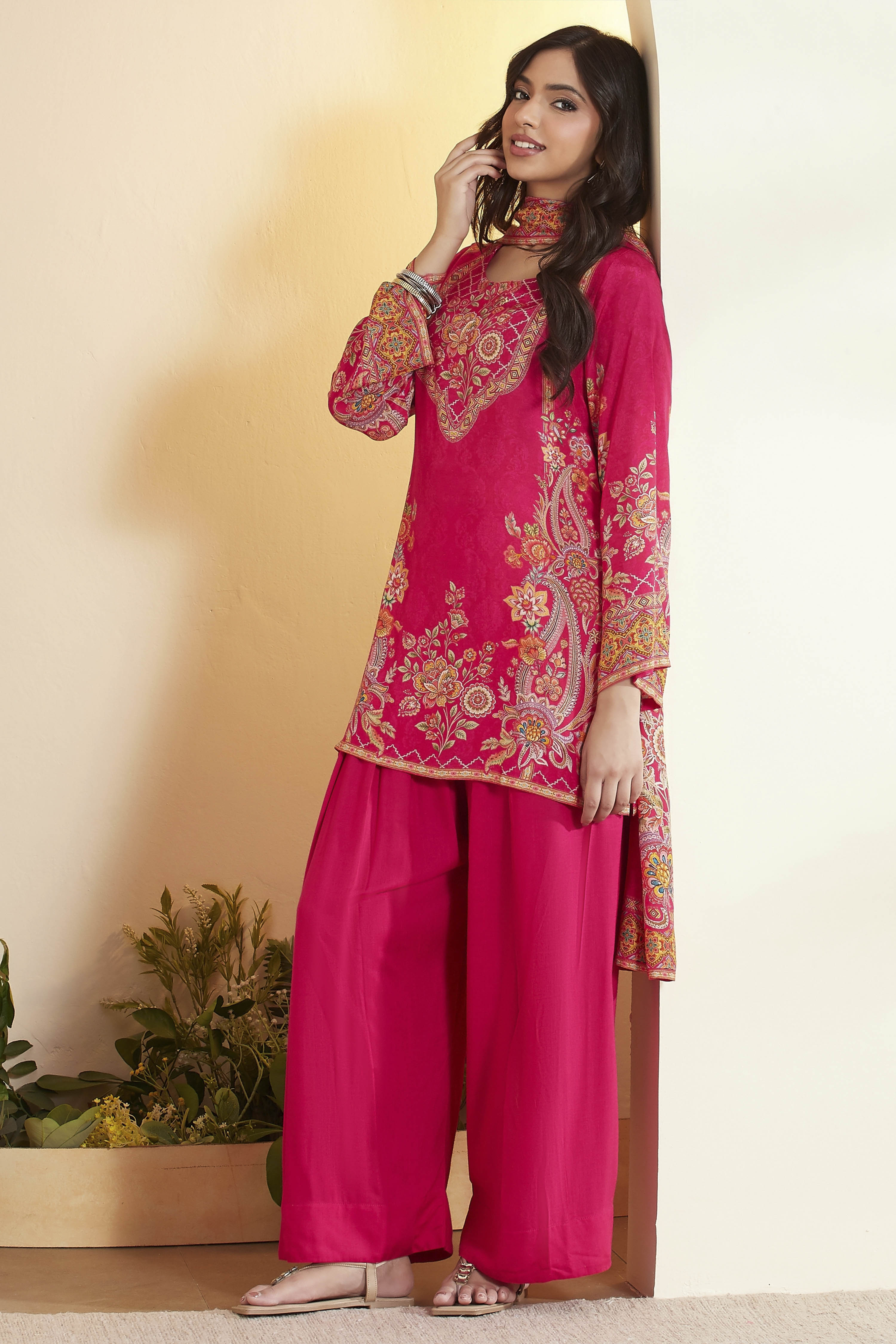 Fuchsia Floral Printed Straight Kurta Set image number 0