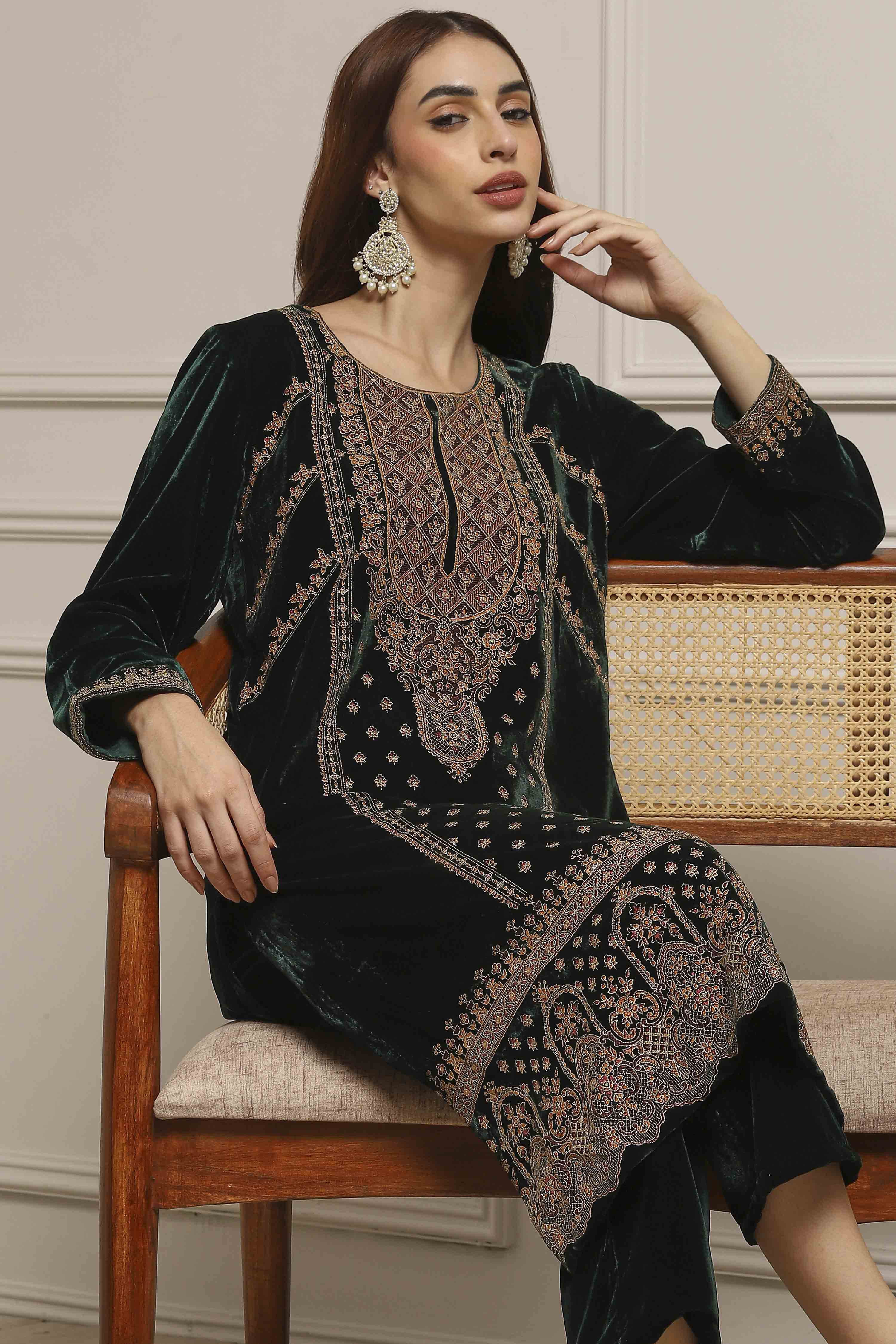 Dark Green Art Silk Straight Kurta Set image number 0