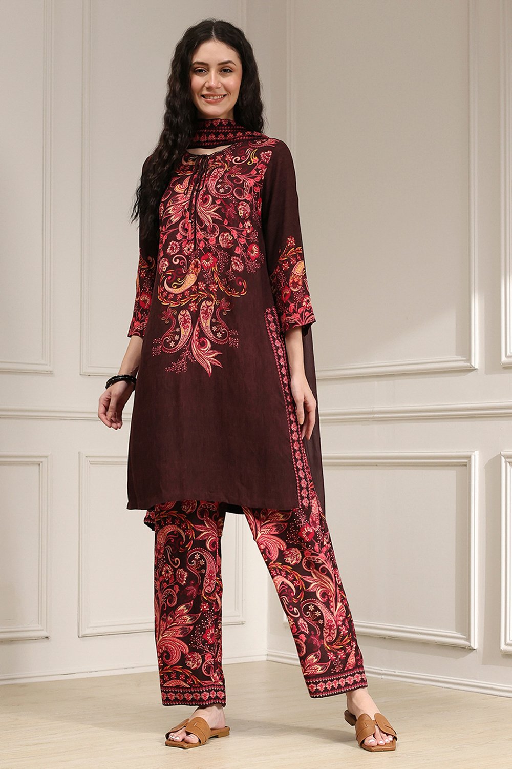 Brown Printed Straight Suit Set image number 6