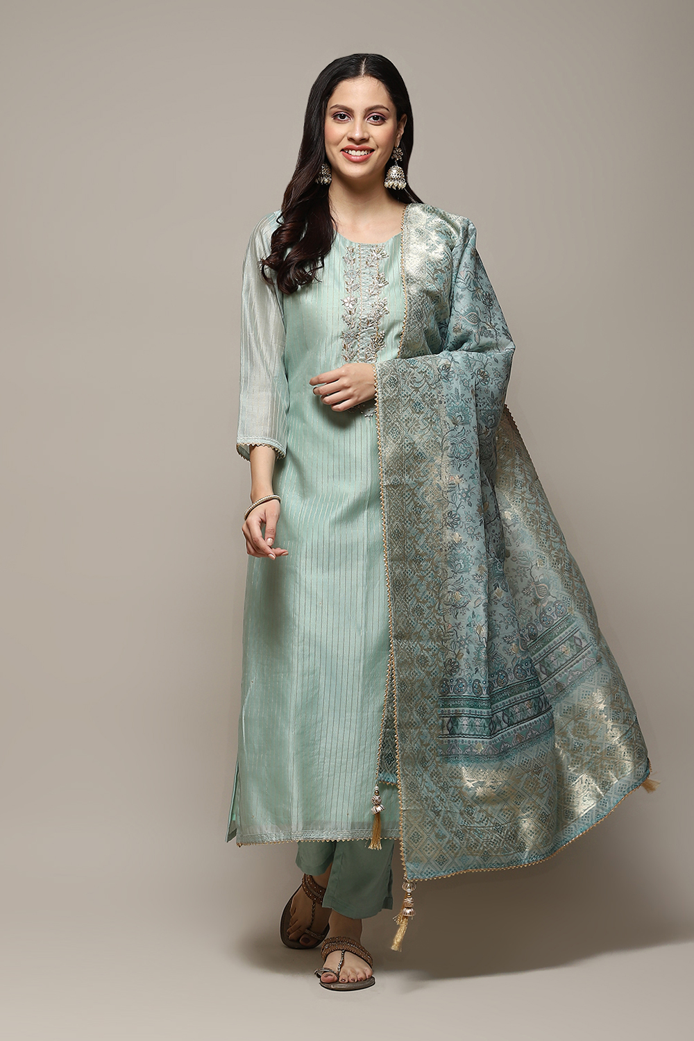 Sky Blue Chanderi Hand Embroidered Unstitched Suit Set image number 8