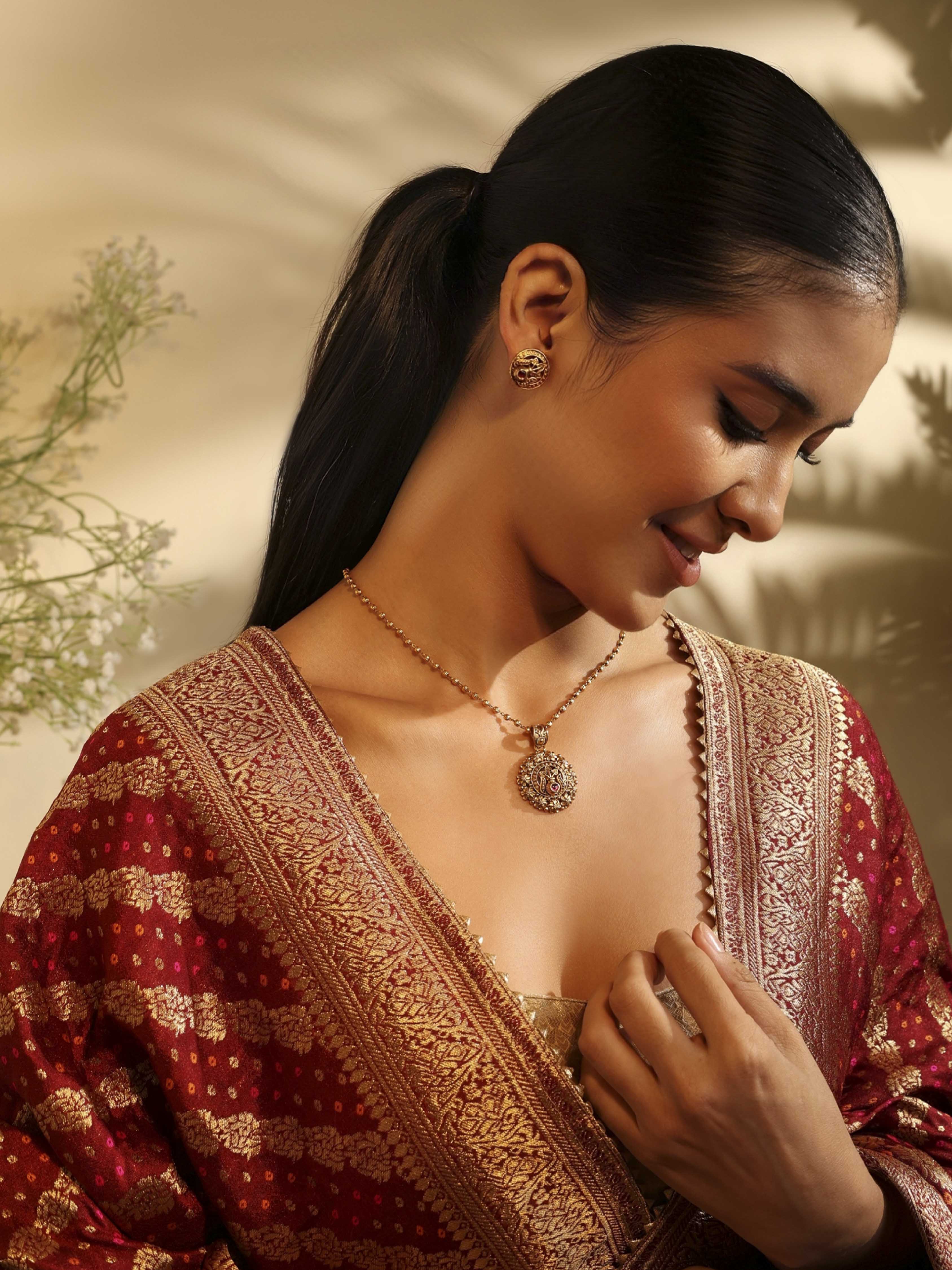Gold Plated Brass Temple Pendant Necklace Set image number 1