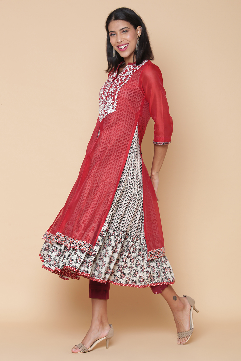 Terracotta Cotton Silk Double Layered Embroidered Kurta image number 3