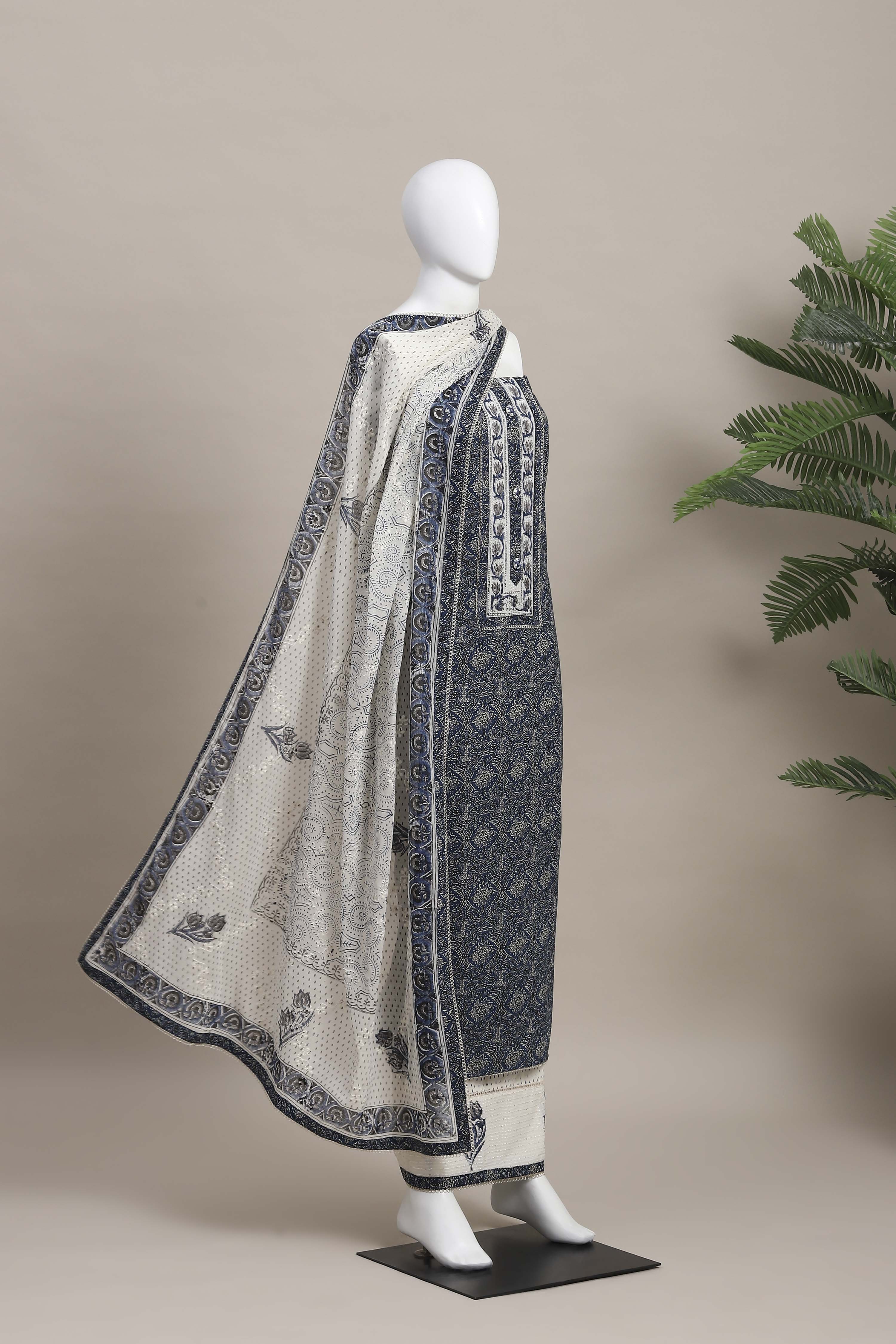 Blue Cotton Printed Embroidered Unstitched Suit Set image number 4