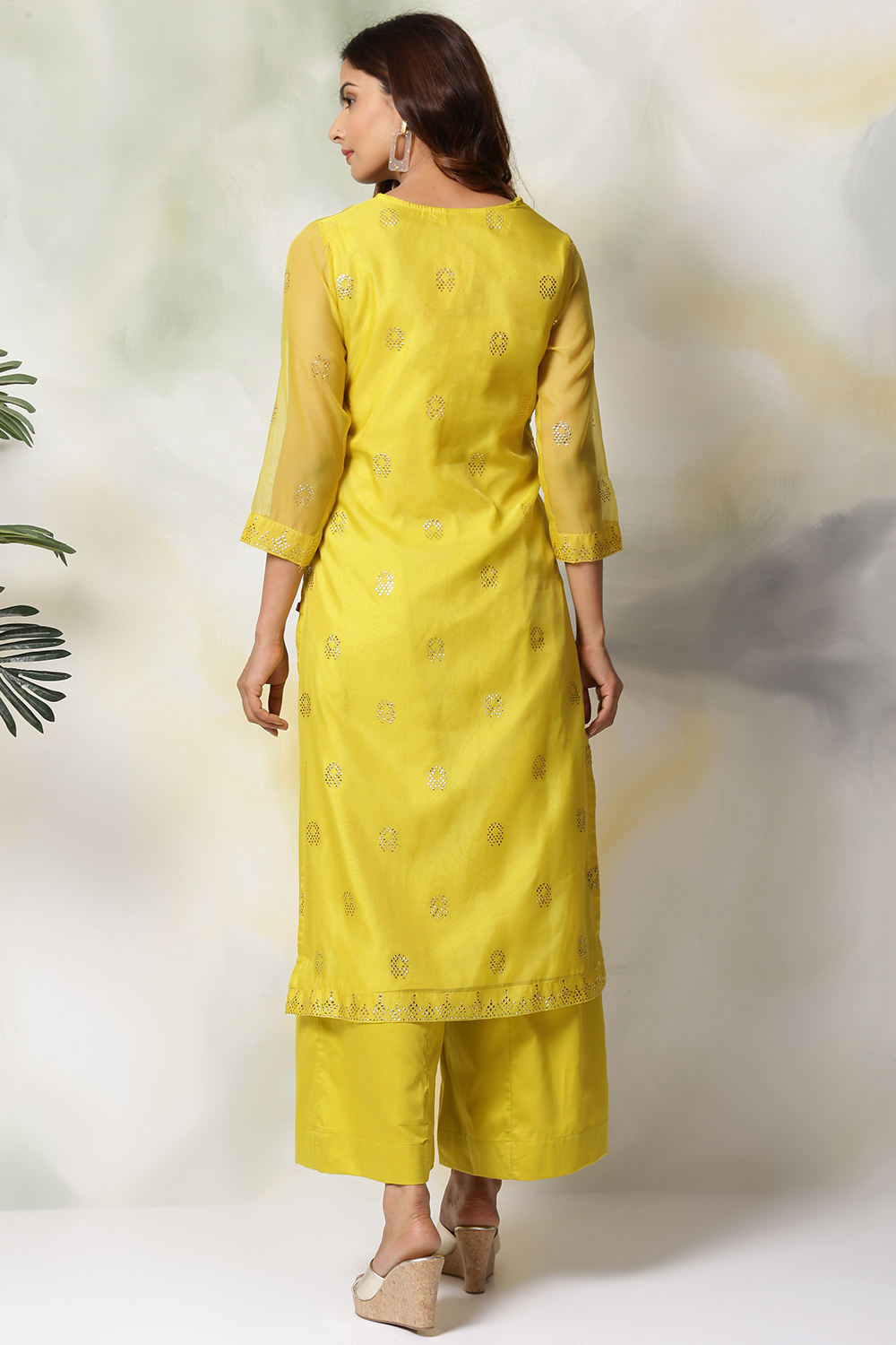 Lime Green Art Silk Straight Kurta Flared Palazzo Suit Set image number 7
