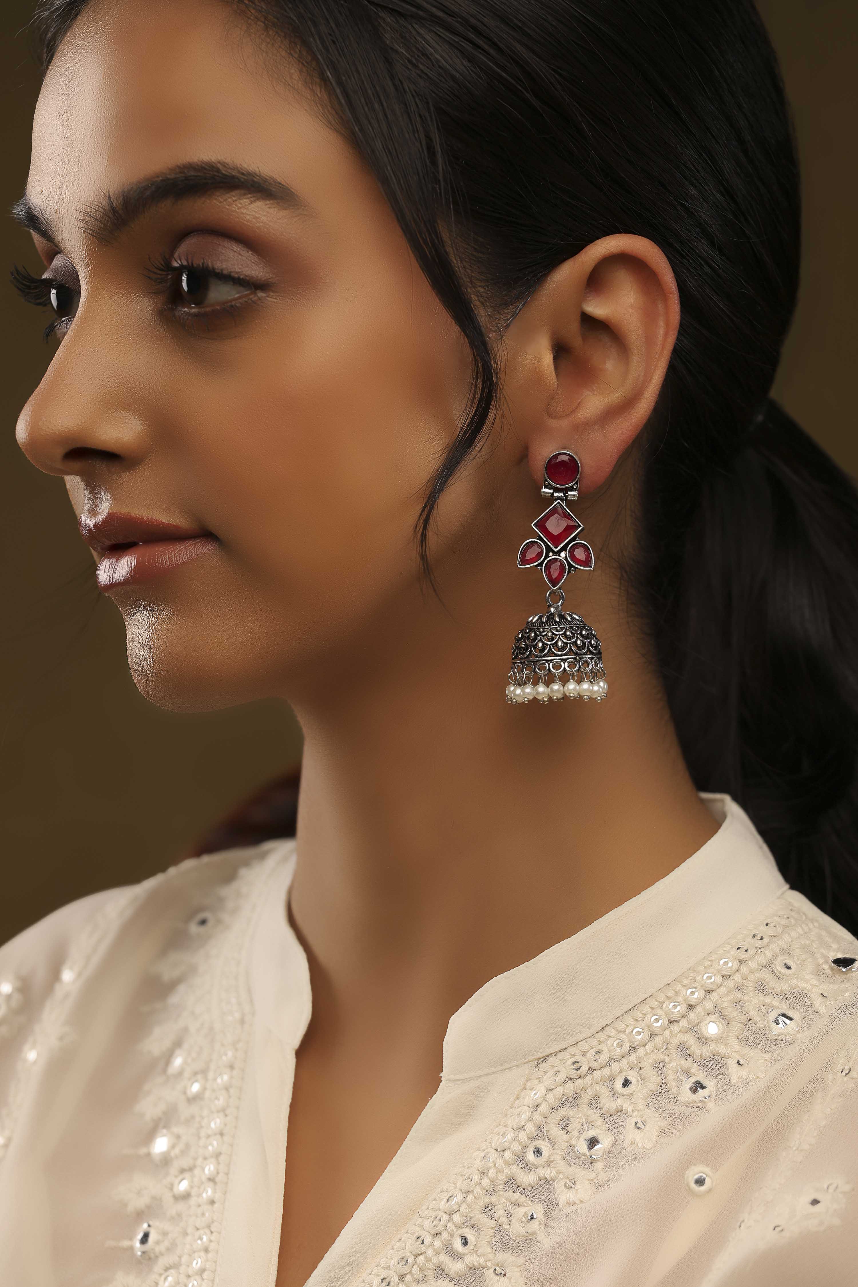 Dark Pink Stone Earrings image number 3