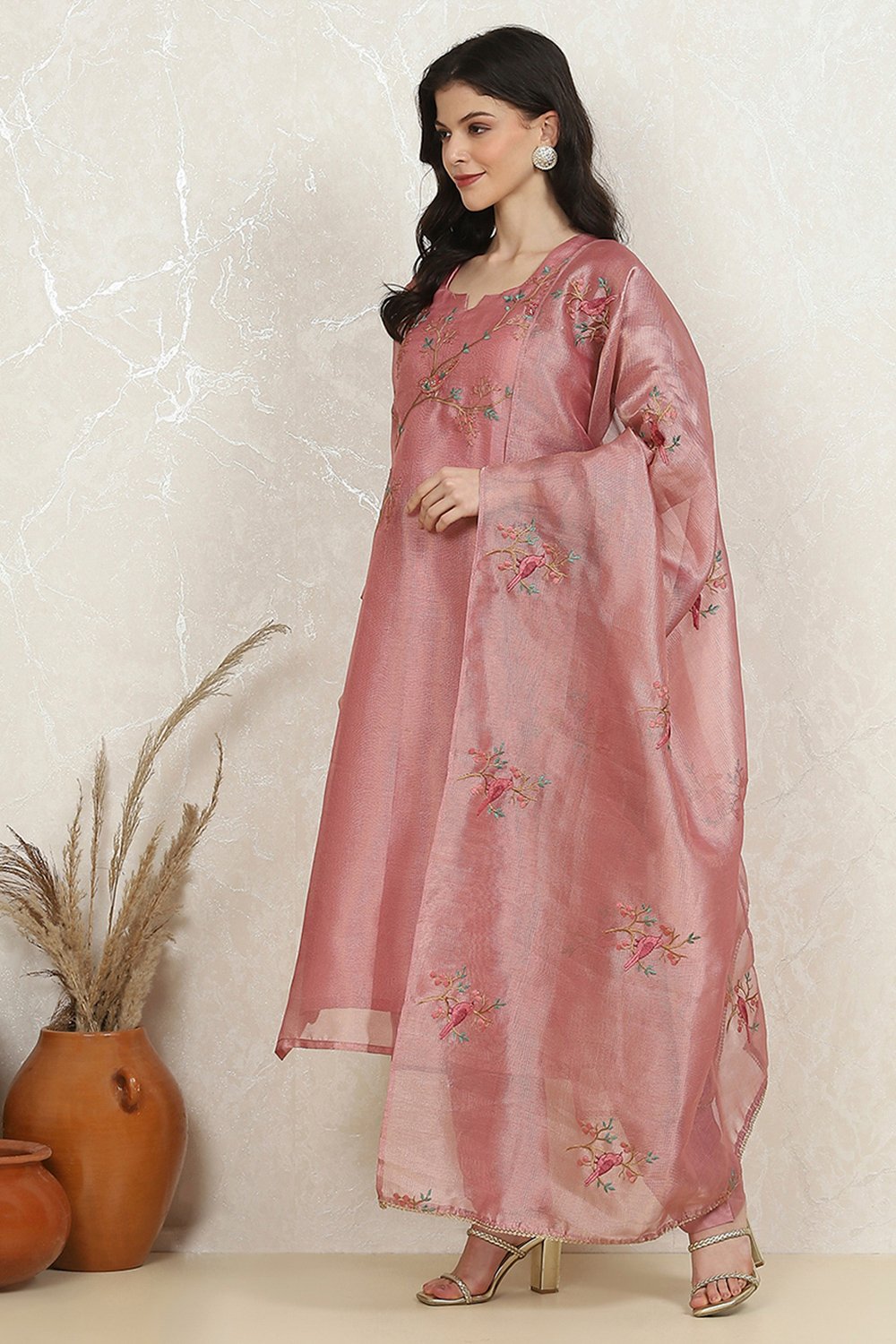 Pink Tissue Machine Embroidered Unstitched Suit Set image number 4