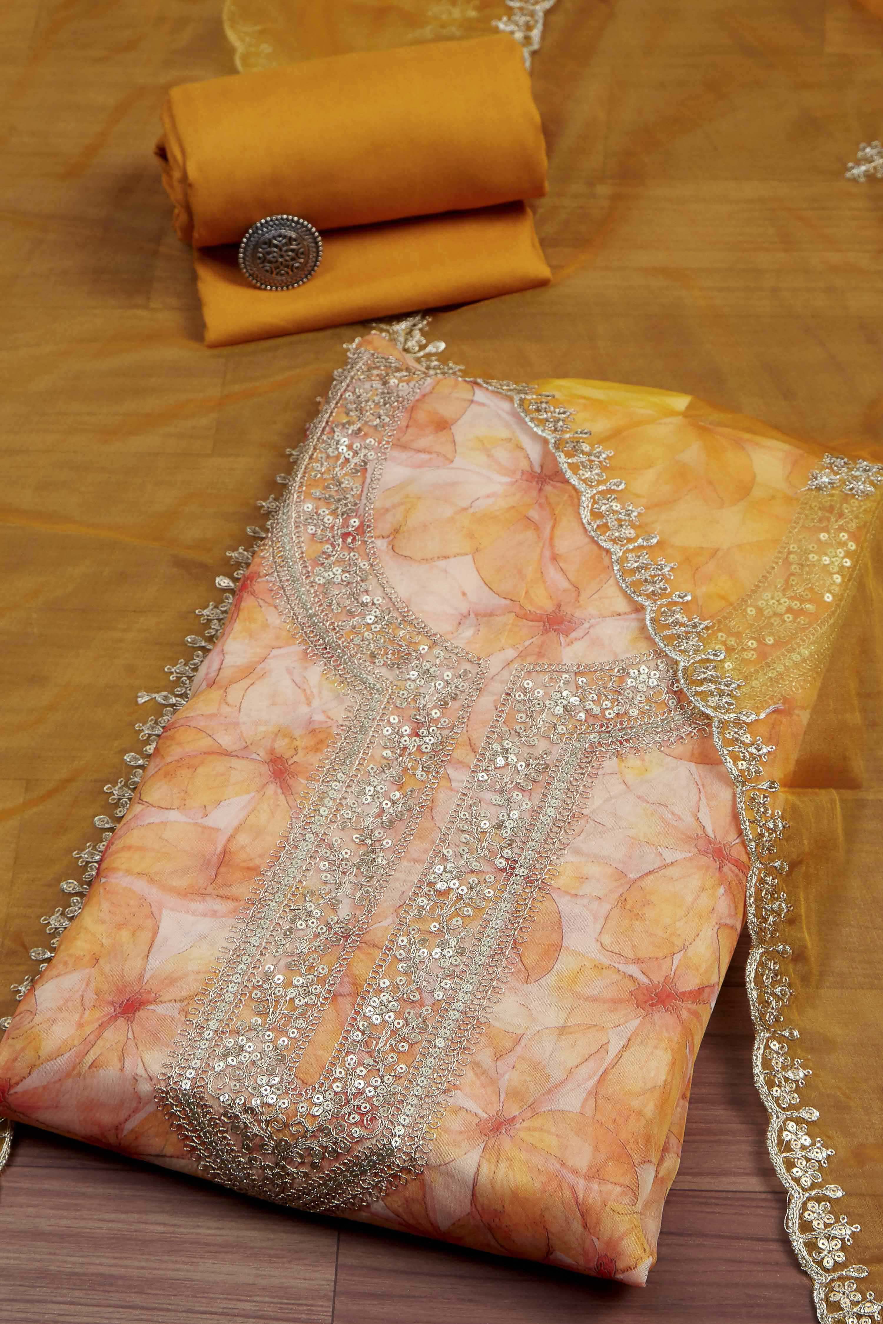 Old-Rose Organza Rajasthani Print Unstitched Suit Set image number 0