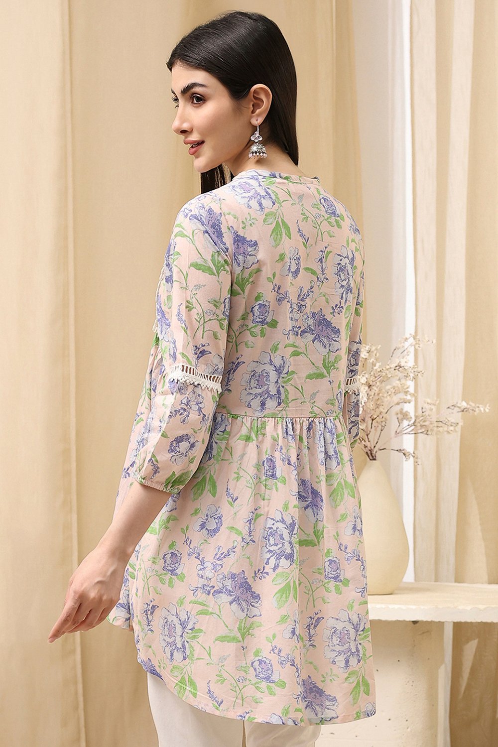 Earthy Blue Cotton Floral Flared Short Kurta image number 3