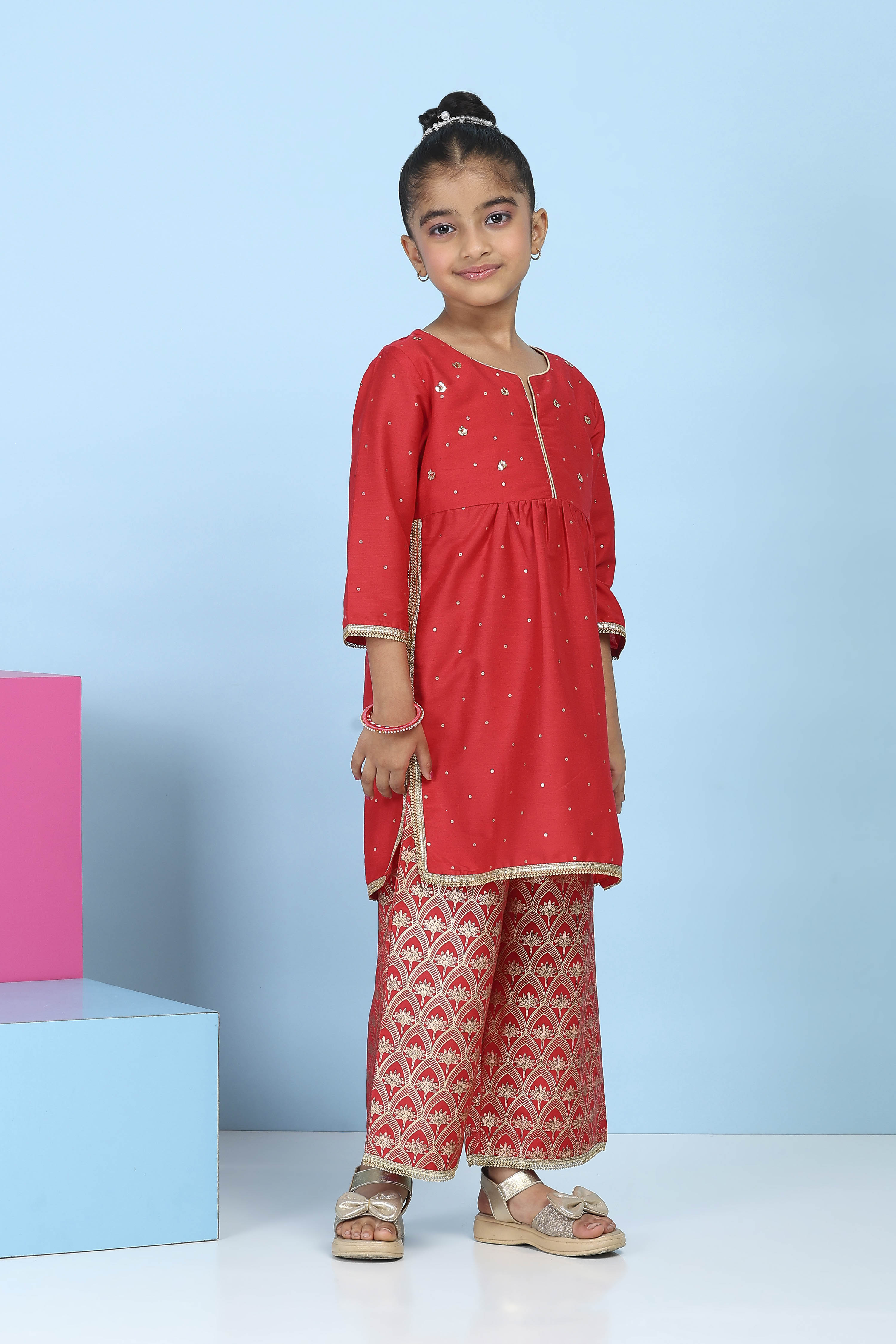 Red Poly Viscose Dyed Straight Suit Set image number 5